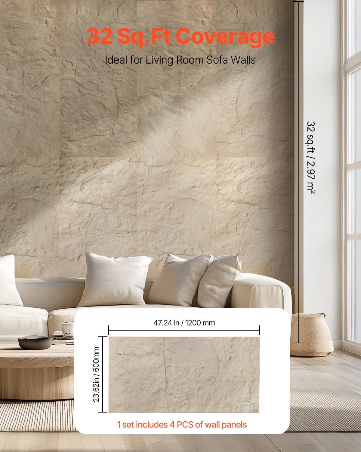 VEVOR 3D-Wandpaneele, 4er-Set 120x60 cm PU-Naturstein-Imitat-Wandverkleidung, Wanddeko, 2,97 m² Deckkraft, Inneneinrichtung für Decke, Schlafzimmer, Wohn- und Spielzimmer, Steingelb