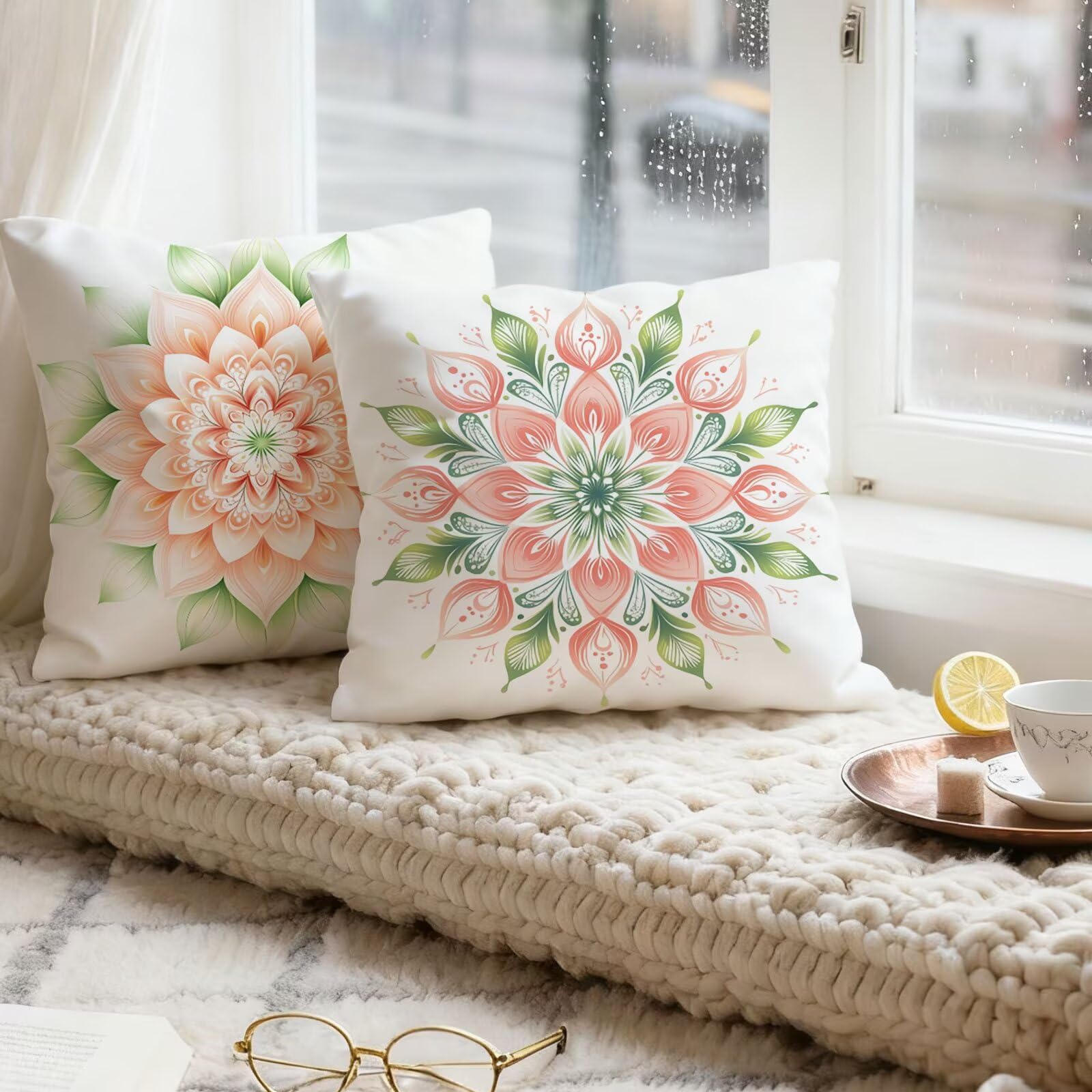 Rose Housse Coussin 60x60 Mandala Taie Oreiller 60x60 Lot de 4 Super Doux Protege Oreiller 60 x 60 Decoration Automne Taie D'oreiller Carrées Coussin Canape, pour Maison Chambre Canapé Chaise E - 508