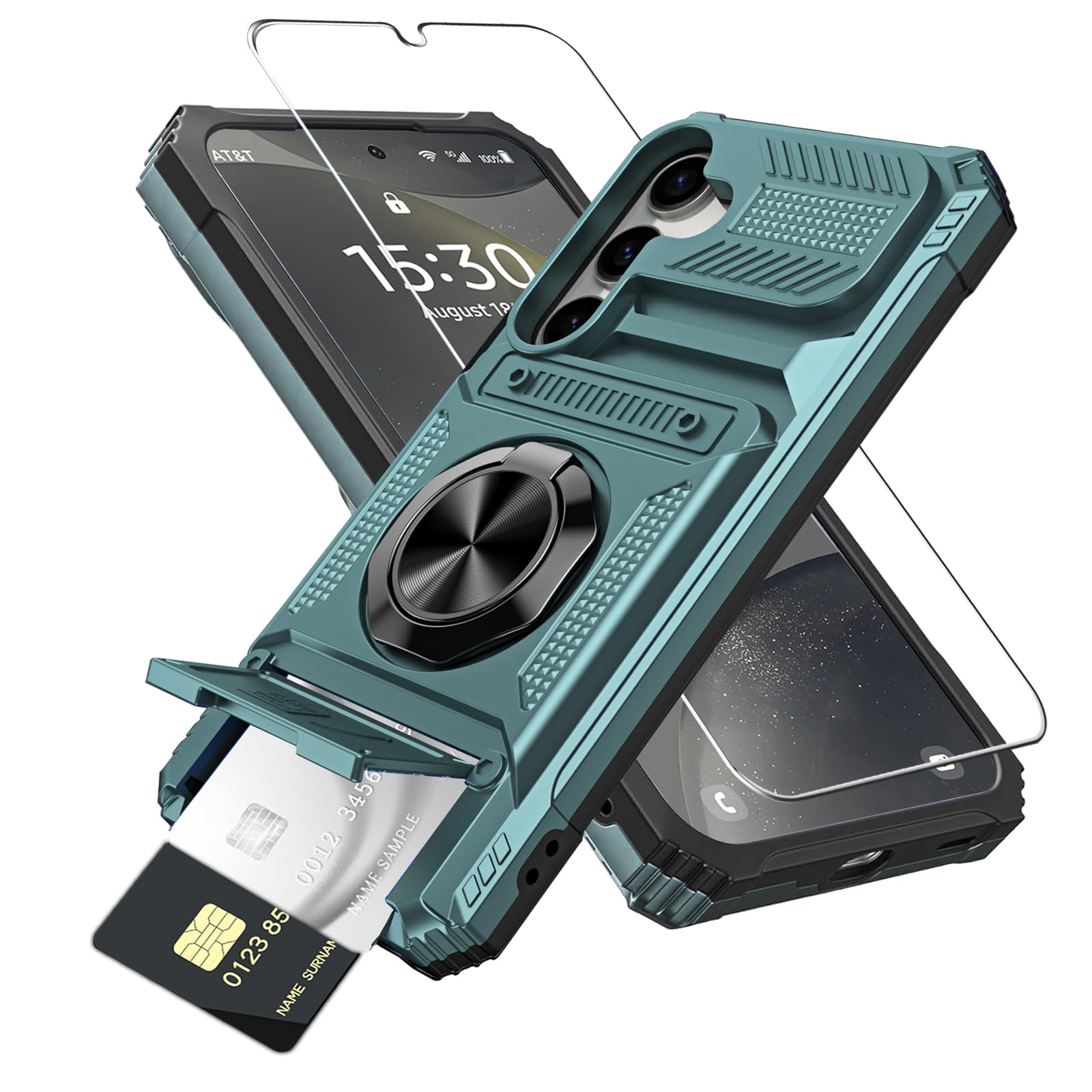 for Samsung Galaxy S25 Plus Wallet Case with Card Holder + 1 Screen Protector, (2 Cards) & 360°Ring Kickstand Military Grade Drop Shockproof Rugged