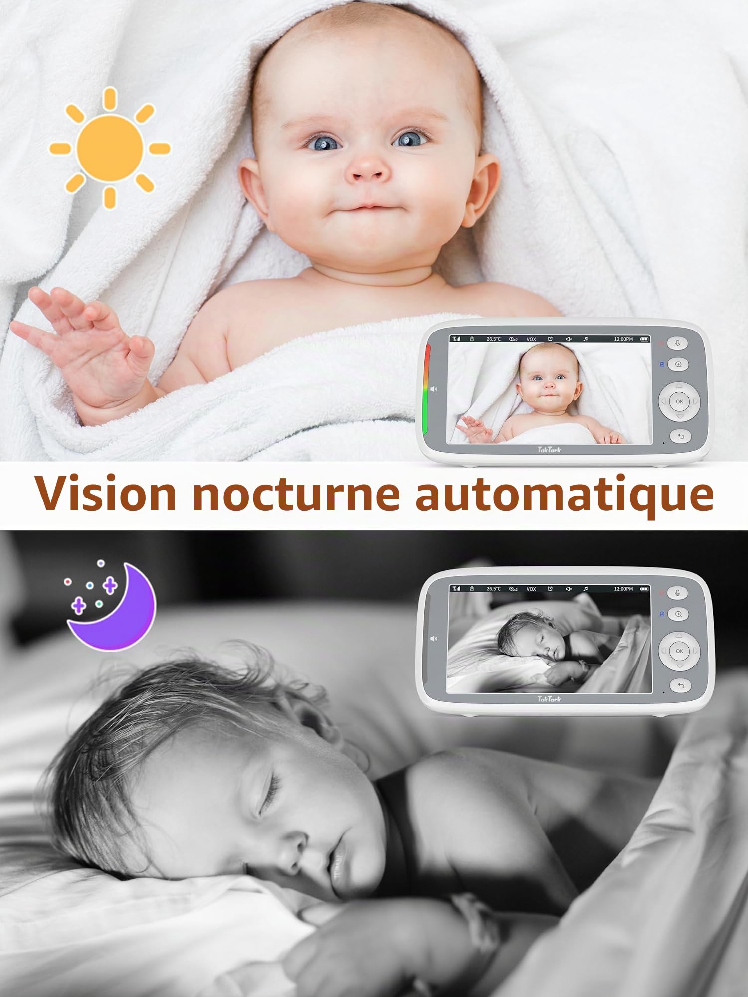 TakTark Babyphone Camera, 5'' IPS-Écran 720P HD Baby Monitor Video Babyphone Pan-Tilt 300° Camera Bebe, 3050mAh, Vision Nocturne, VOX, Communication Bidirectionnelle, Capteur de Température