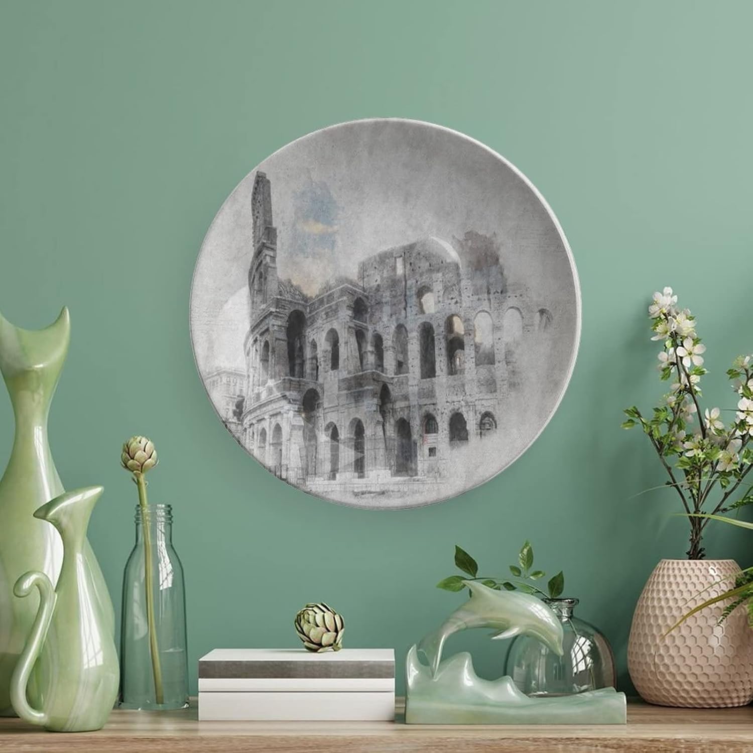 7 Inch Decorative Plate, Sketchy Porcelain Plate, Ancient Historical Ruins Colosseum Artwork Italy Rome Print Ceramic Wall Hanging Decor Accessory for Dining Table Tabletop Home Decor, Beige Black