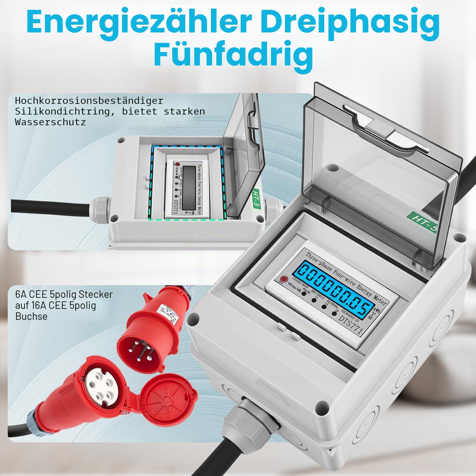 3 Phasen Mobiler Stromzähler, 16A 400V Mobiler Digitaler Stromzähler Drehstromzähler, 5 * 2,5mm² Digitalzähler mit CEE Stecker, Portabler Stromzähler für Baustelle, Camping, Marina, Balkonkraftwerk