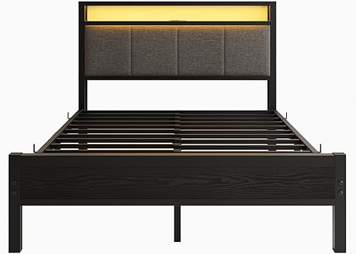 Miniatura 7 de Base de cama de tamaño matrimonial con luces LED, cabecera tapizada con estantes de almacenamiento y estación de carga, base de colchón LED Negro y