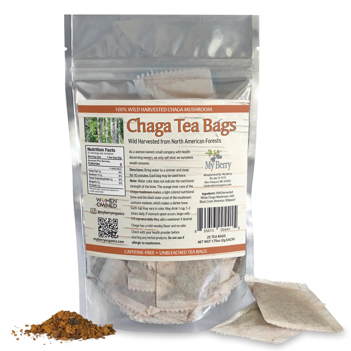 Maine Chaga Tea Bags | 100% Wild-Harvested, USA & Canadian Grown | 100% Additive-Free | 25 Bleach-Free Bags