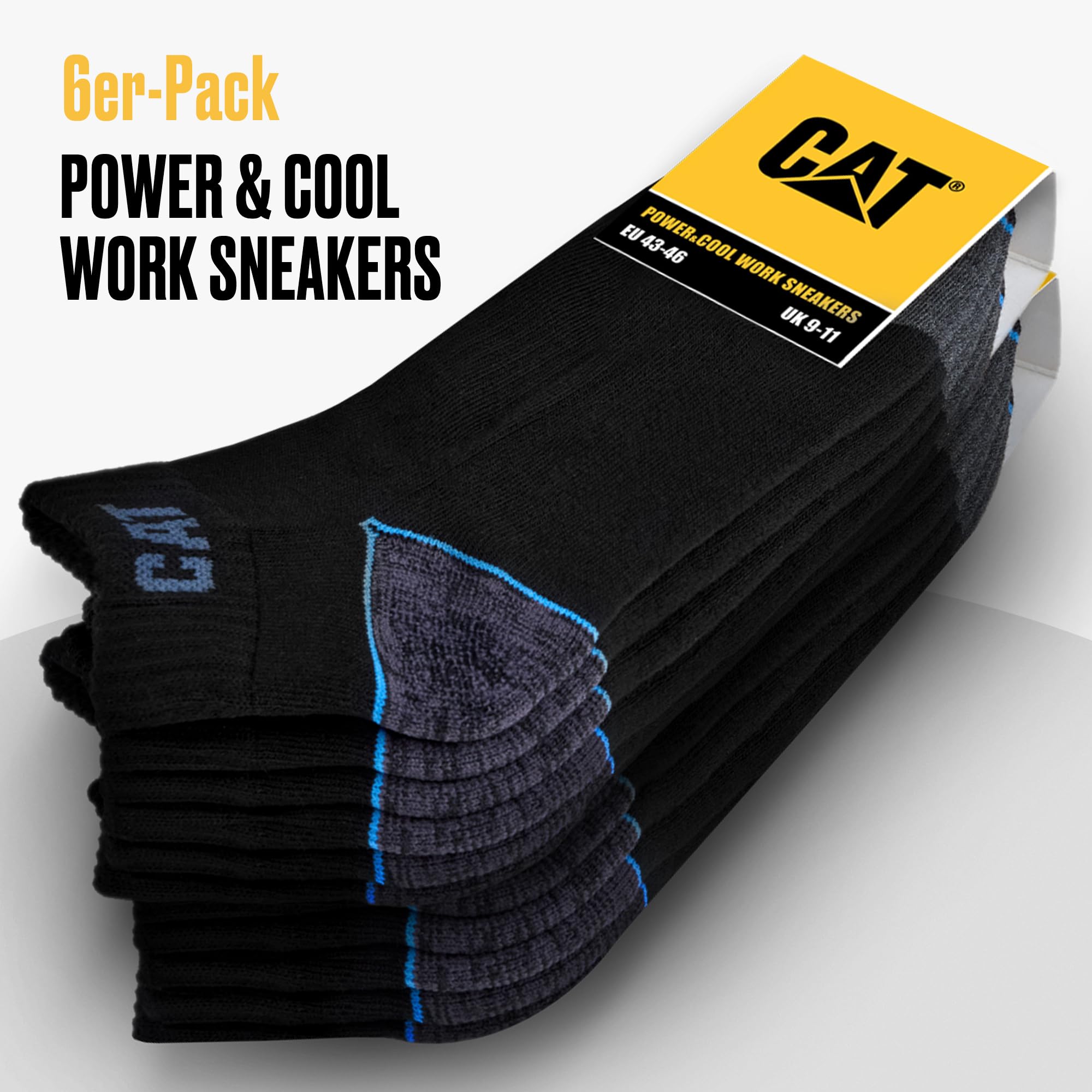 CAT CATERPILLAR POWER & COOL WORK SNEAKERS Lot de 6 paires de chaussettes de travail, baskets, chaussettes de travail, tailles 39-42, 43-46, 47-50