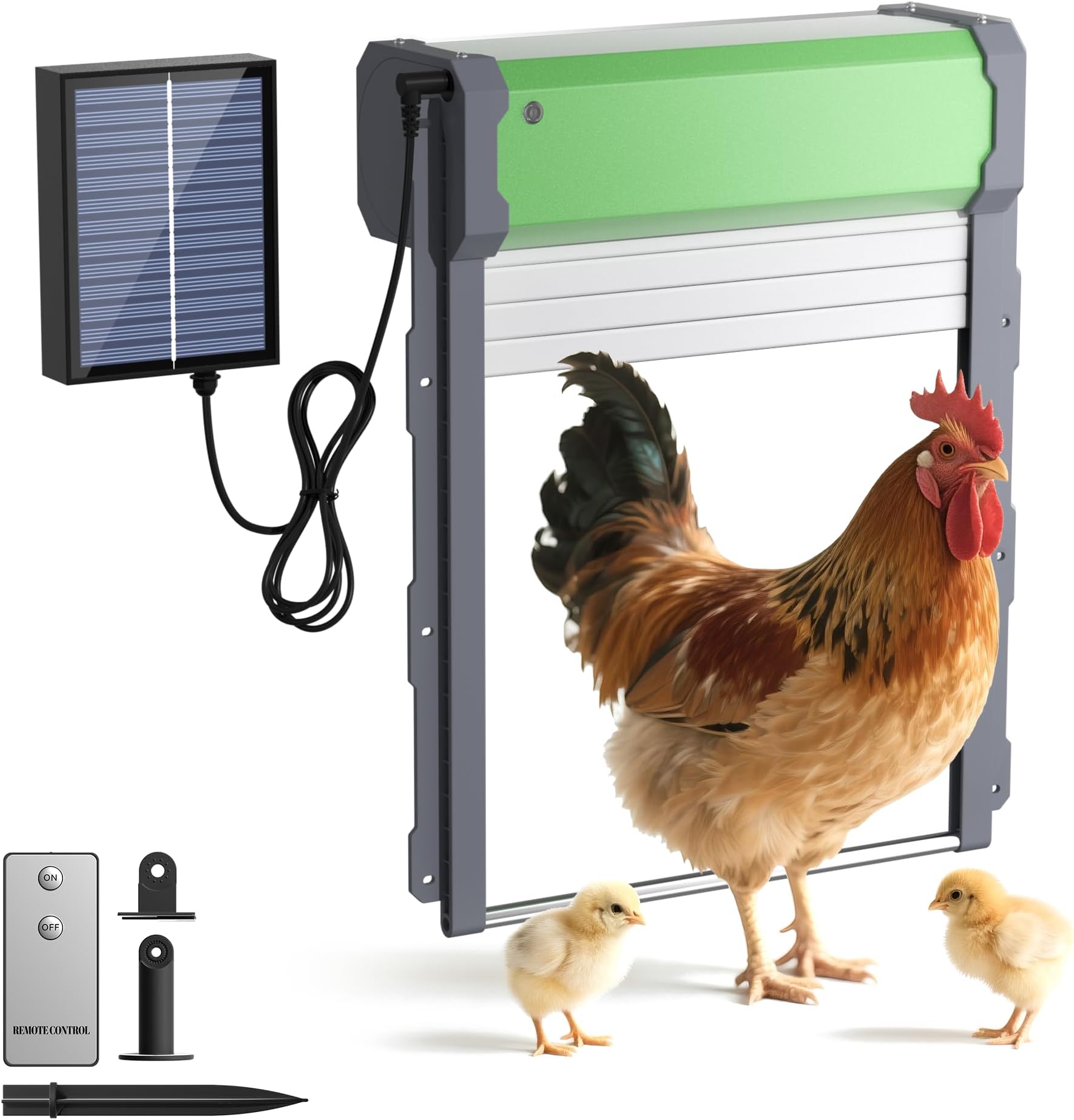 Automatic Chicken Coop Door Solar Powered, with Timer & Light Sensor, Anti-Pinch and Weather Proof, 4 Modes Aluminum Alloy Poultry Door for Chickens, Remote Control