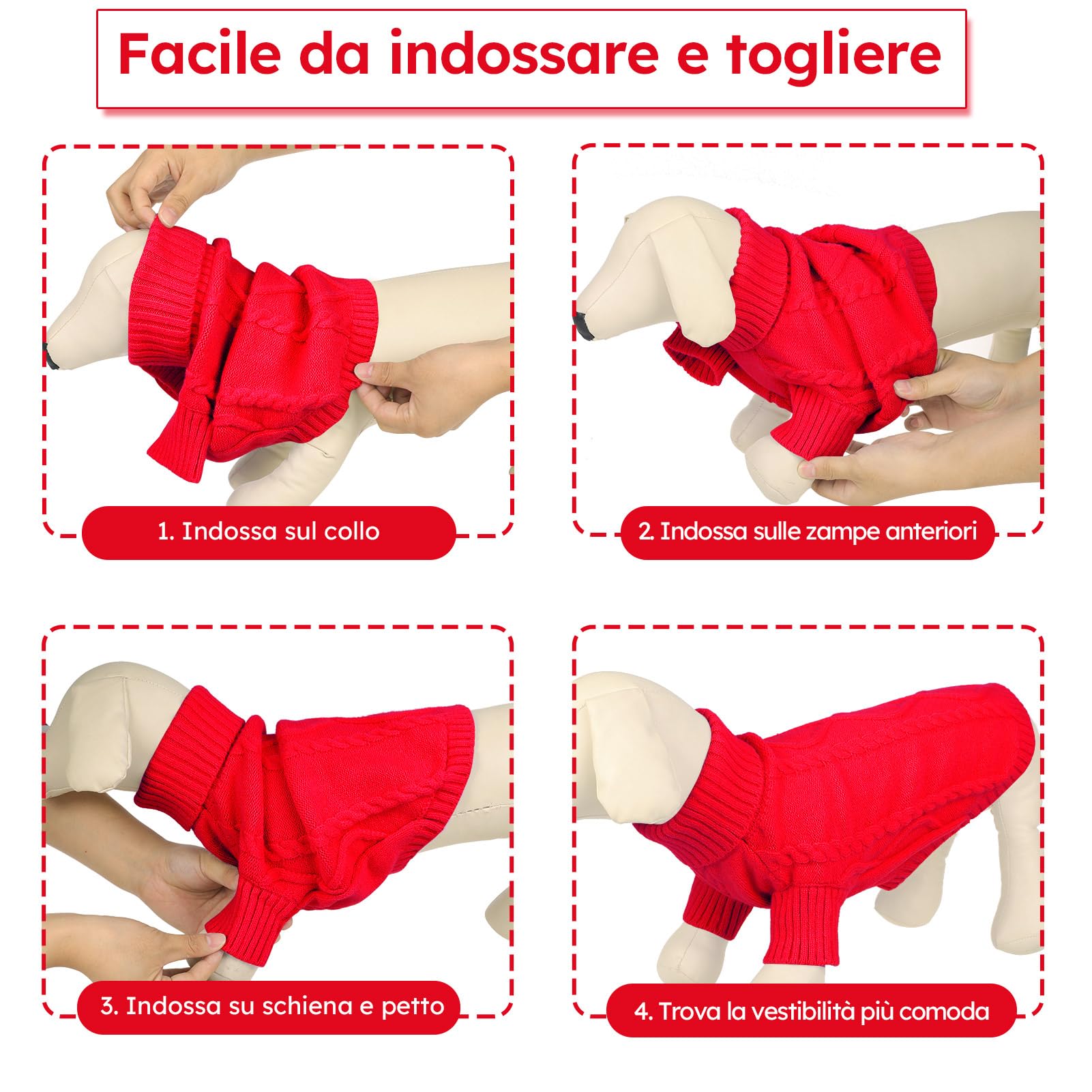 Queenmore Maglione Cane Natale Taglia Piccola Maglioncino Cane Bassotto Caldo Felpa Cane A Collo Alto Ritorto Vestito Natale Cane Maglione Elastico Per Bulldog Francese Barboncino Chihuahua, Rosso, XS