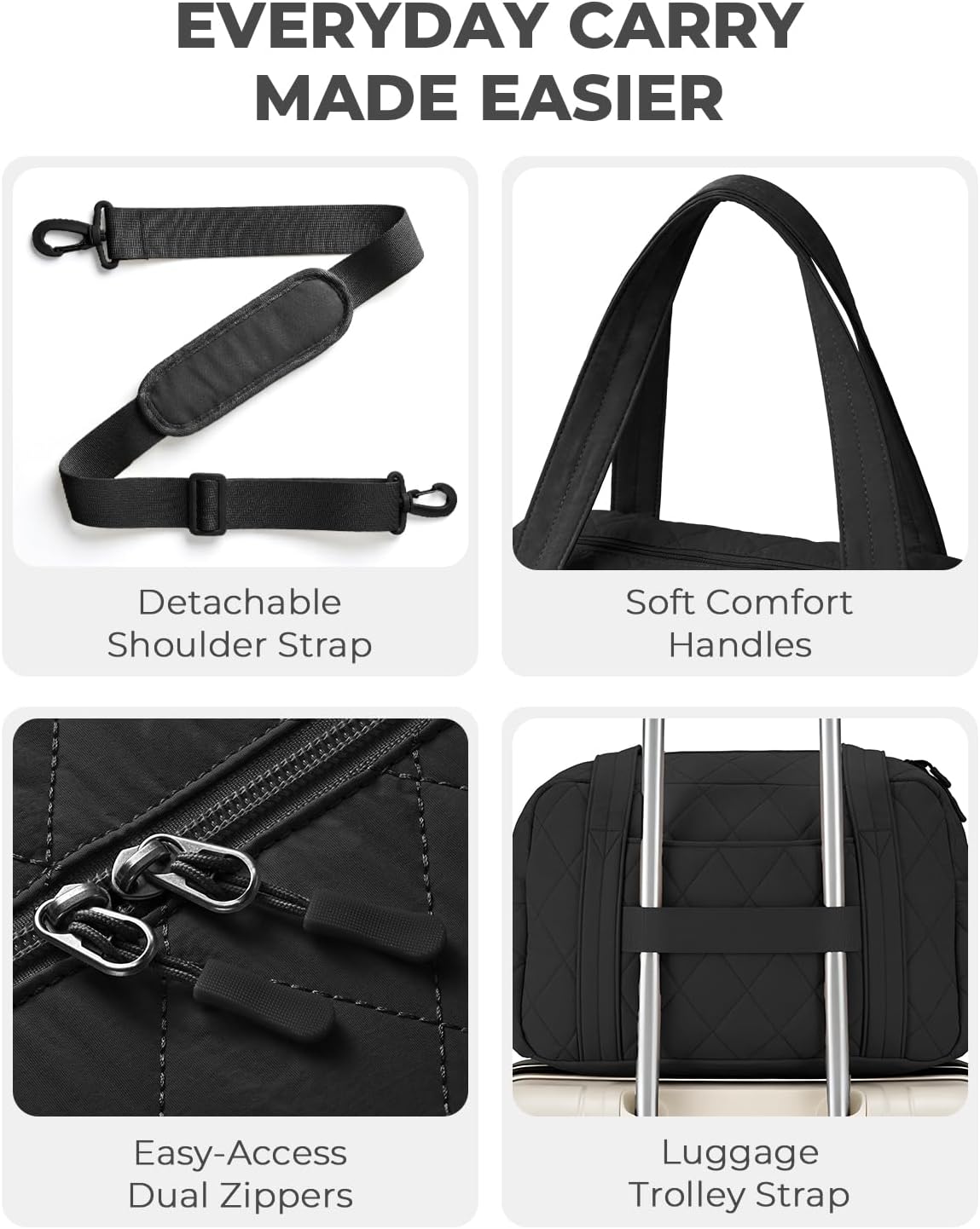 Percover Women Gym Bag with Toiletry Organizer Pouch, Quilted Workout Duffle with Compartments for Daily Fitness & Yoga, Locker-Friendly Soft Carry, Midnight Black