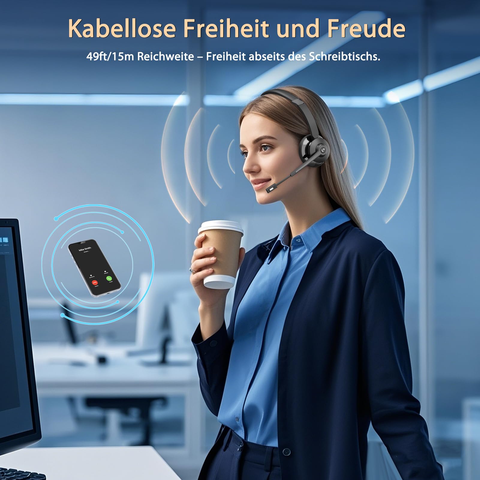 Earbay Bluetooth Headset mit Mikrofon, Kabelloses Headset mit Ladestation & USB Dongle, Kabellose mit Mikrofon Rauschunterdrückung & Stummschaltung für Computer/Meeting/Zoom/Büro/HomeOffice
