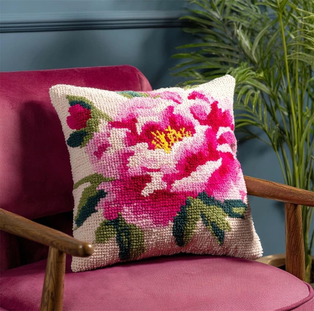 FWRTYCB DIY Latch Pillow Case Kits Peony Crochet Cushion Cover