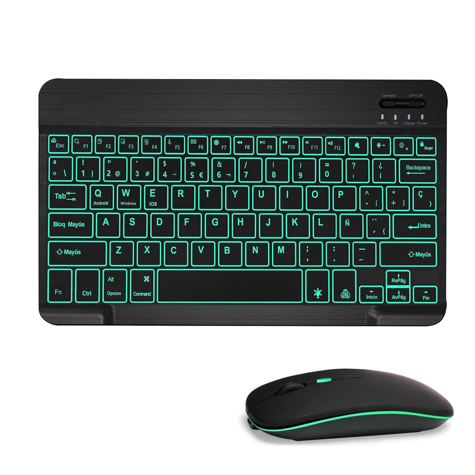 Wireless Bluetooth Backlit Keyboard and Mouse, Spanish Ñ Silent and Portable Keyboard and Mouse for iPad Pro/iPad Air/Samsung/Xiaomi/Tablet/iOS/Android/Windows, Backlit