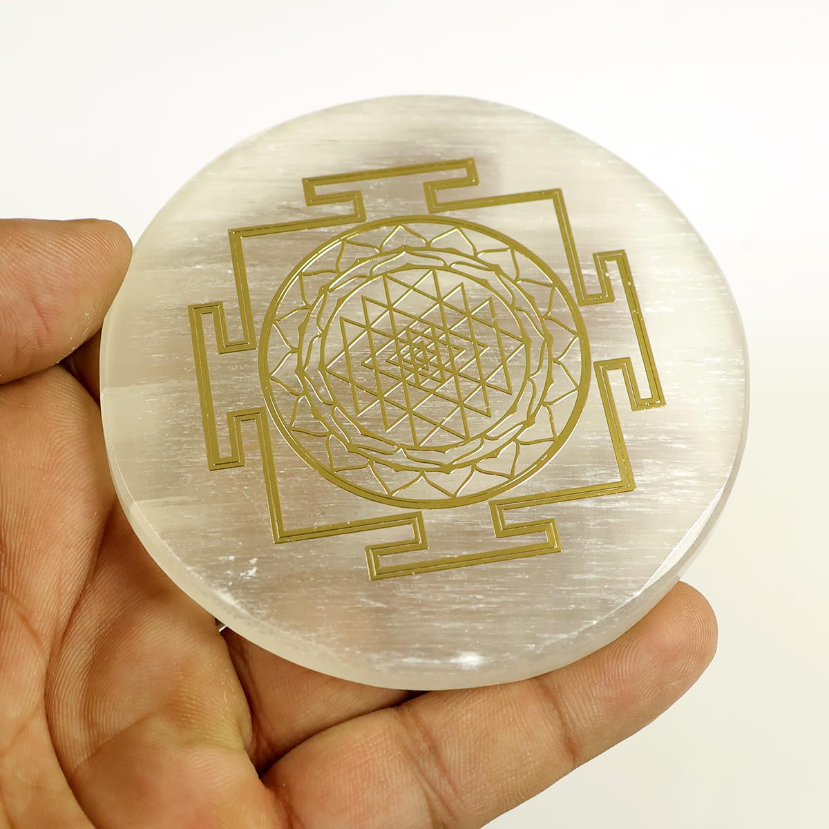 Reiki Crystal Products Selenite Charging Plate Coaster with Shree Yantra Symbol Size 7.6 cm (3 inch)-picture-10