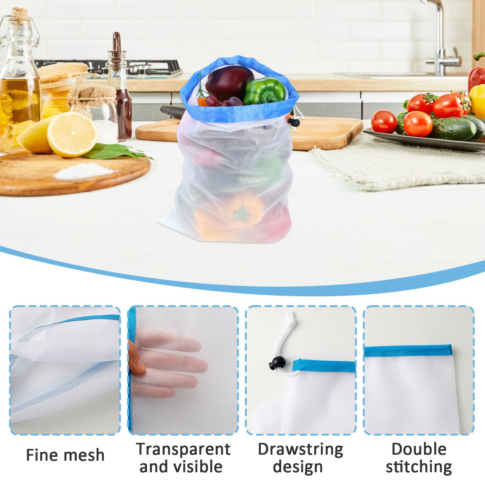 Sac Filet 12 Pièces 43 x 30 cm Réutilisable avec Cordon de Serrage pour Légumes Fruits