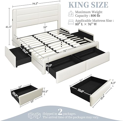 Miniatura 2 de Yaheetech Base de cama tamaño King con 2 estaciones de carga USBpuerto para cajones de almacenamiento tipo A y tipo C4, plataforma tapizada de cuero