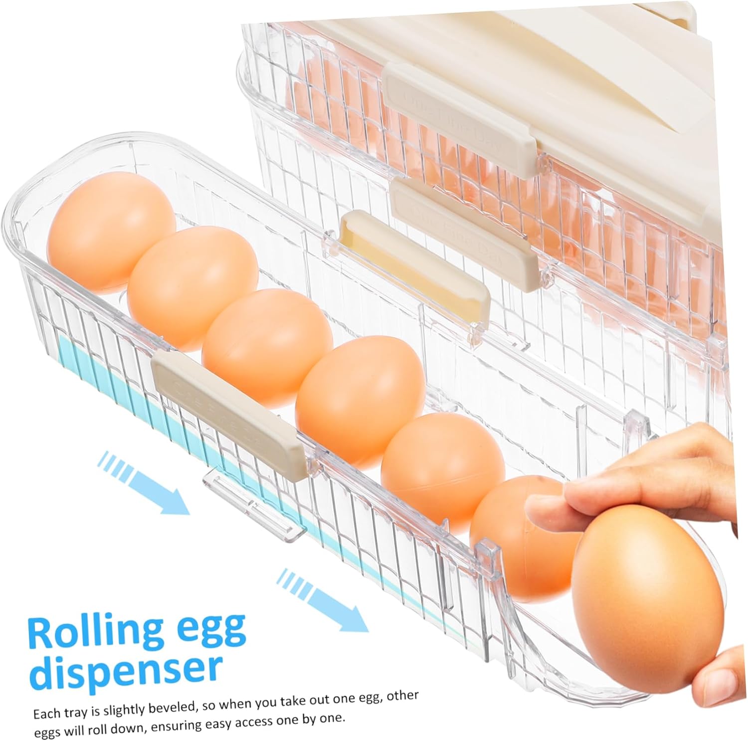 Triple Egg Holder Rolling Egg Storage for Refrigerator Capacity Egg Organizer with Carry Handle Sleek Creamy Design Date Scale for Freshness Tracking