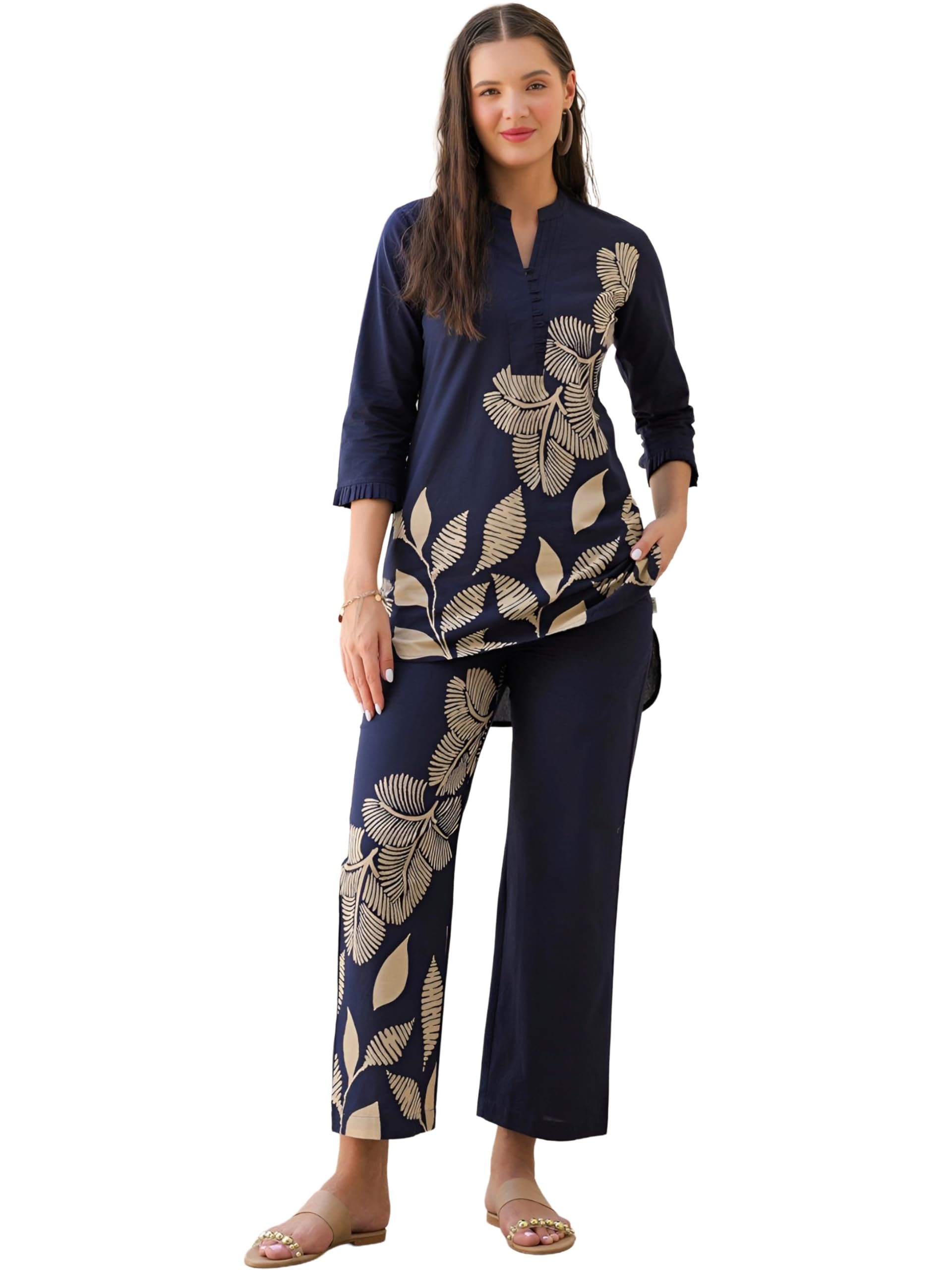 Navy Blue Cotton Top & Bottom Set: Ethnic Floral Print, Relaxed Fit || Set for Women and teenage girls (K114-M1-tp1)