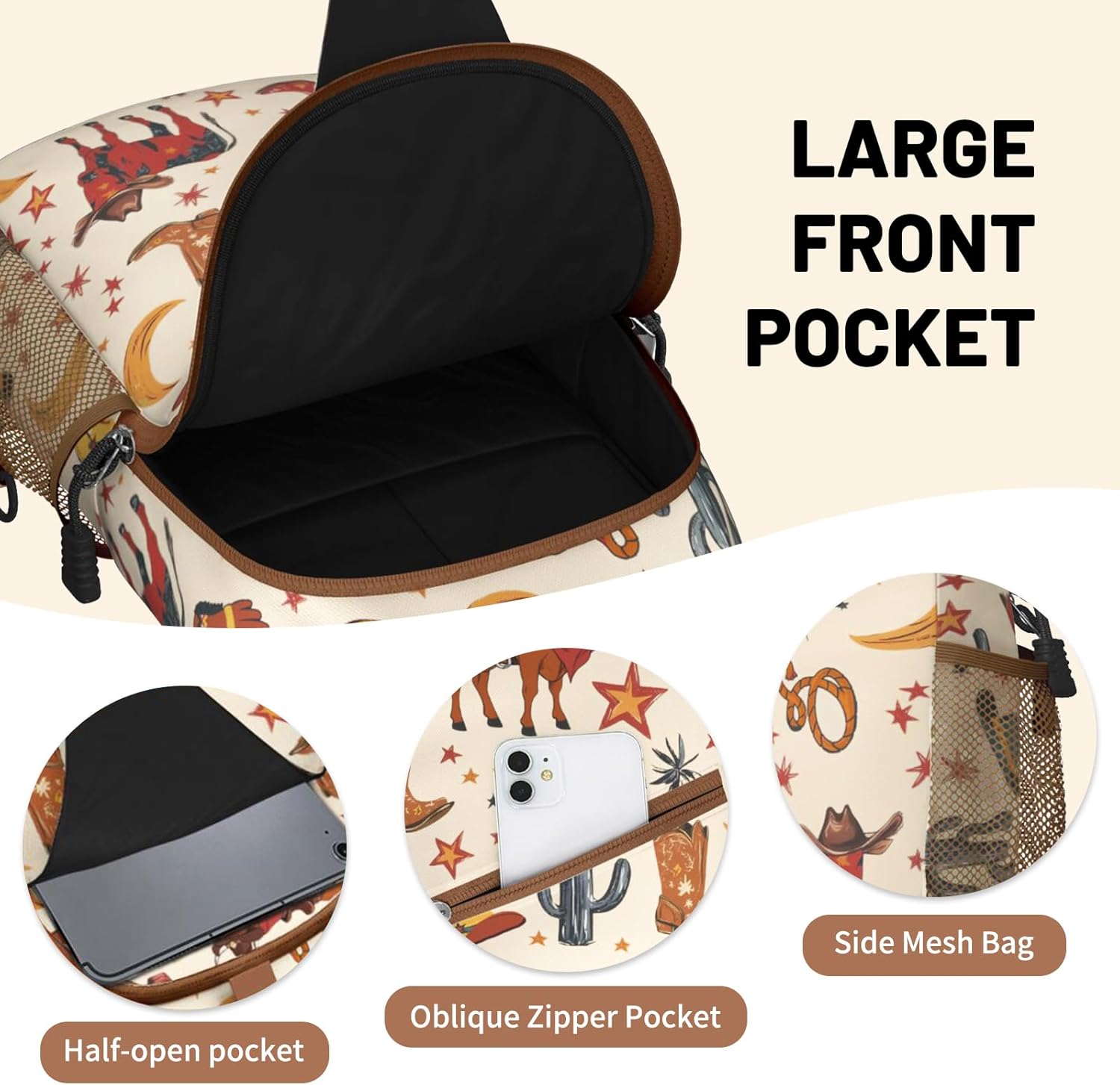 Brown Western Sling Bag Crossbody Chest Bag for Women Men, Water Resistant Lightweight Casual Crossbody Bag with Adjustable Strap, Travel Hiking Daypack Shoulder Backpack