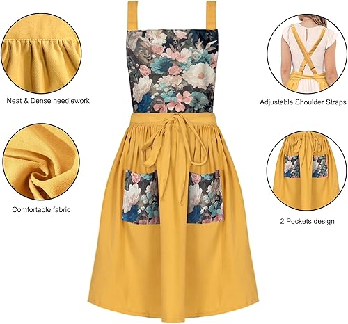 Miniatura 7 de Vestido vintage para mujer con bolsillos, delantales con espalda cruzada para cocinar, hornear, cocina, jardinería