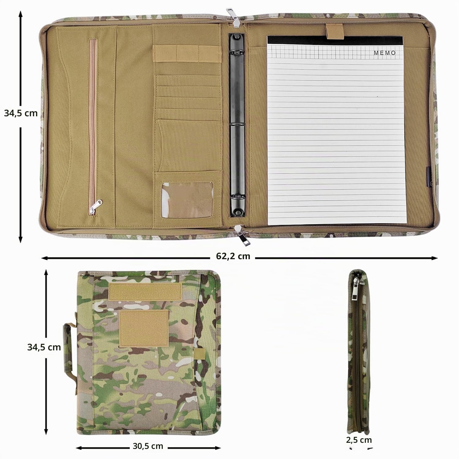 Raccoglitore tattico ad anelli, con cerniera e 25 fogli di carta formato lettera, quaderno tattico per cartelle A4, raccoglitore a 3 anelli rimovibile (A4, 30,5 x 30,5 cm)