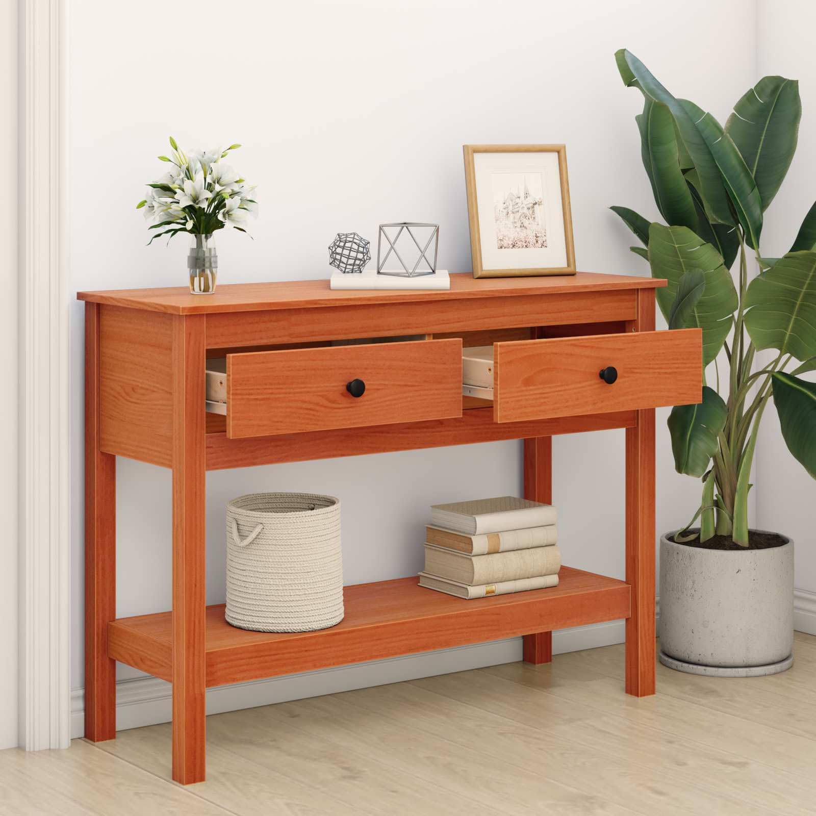 Mesa consola marrón cera madera de pino maciza, 100 x 35 x 75 cm, con espacio de almacenamiento, cajón, estantería para salón, dormitorio, pasillo, mesa auxiliar versátil