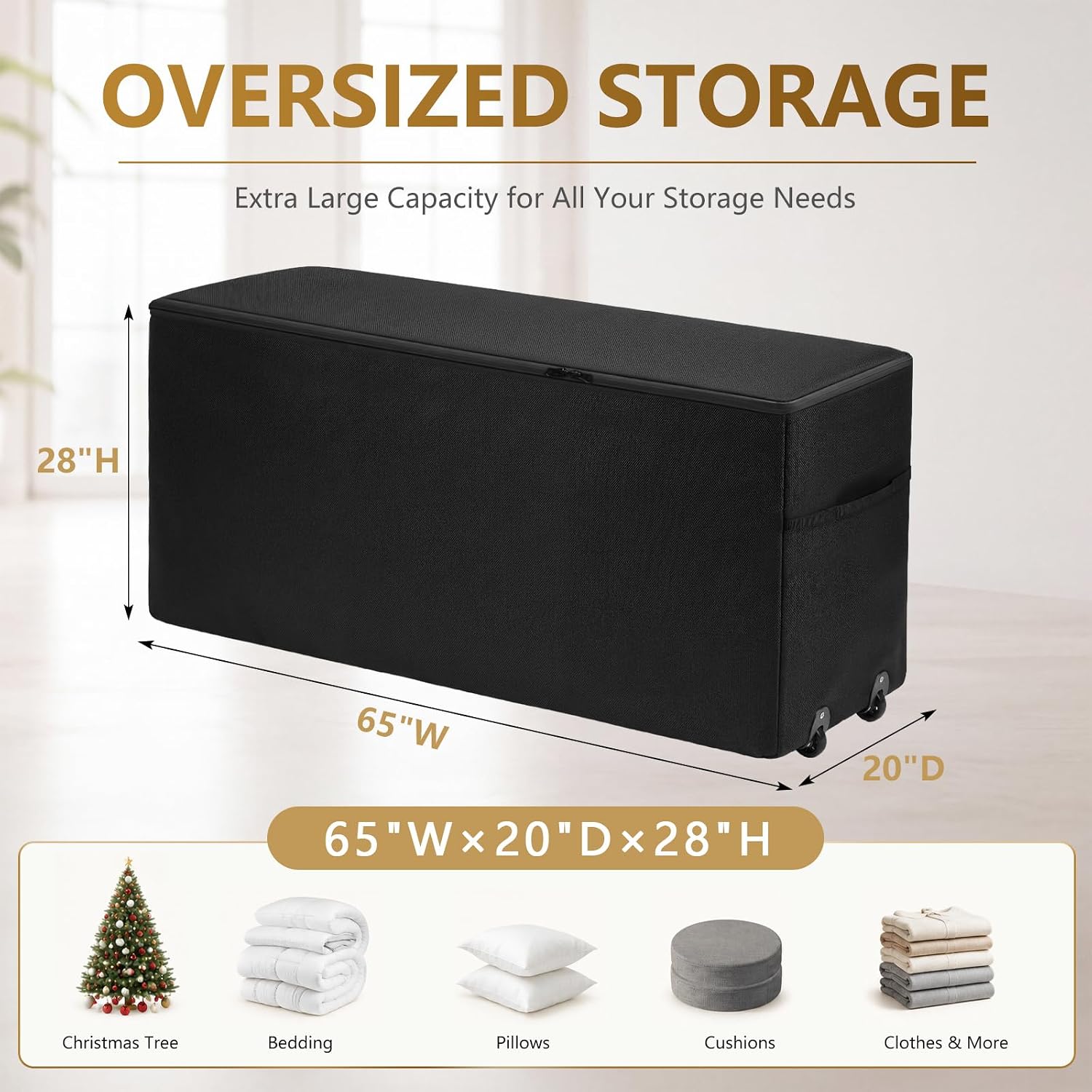 Klyyo 2 Pack Large Rolling Storage Bag with Wheels, 65x20x28 Inch, Black