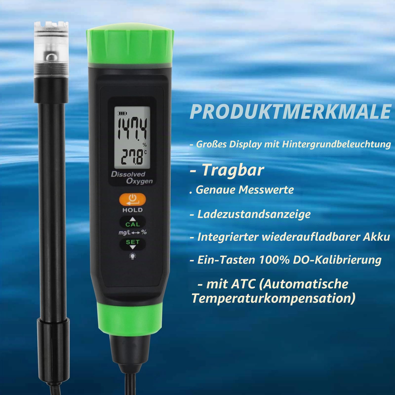 Digital Aufgelöst Sauerstoff Stifttyp Lang Kabel DO Meter ATC Wasser Qualität Prüfer mit Selbst Schwebend Sonde Lang Kabel Elektrode Und Niedrig Batterie Indikator