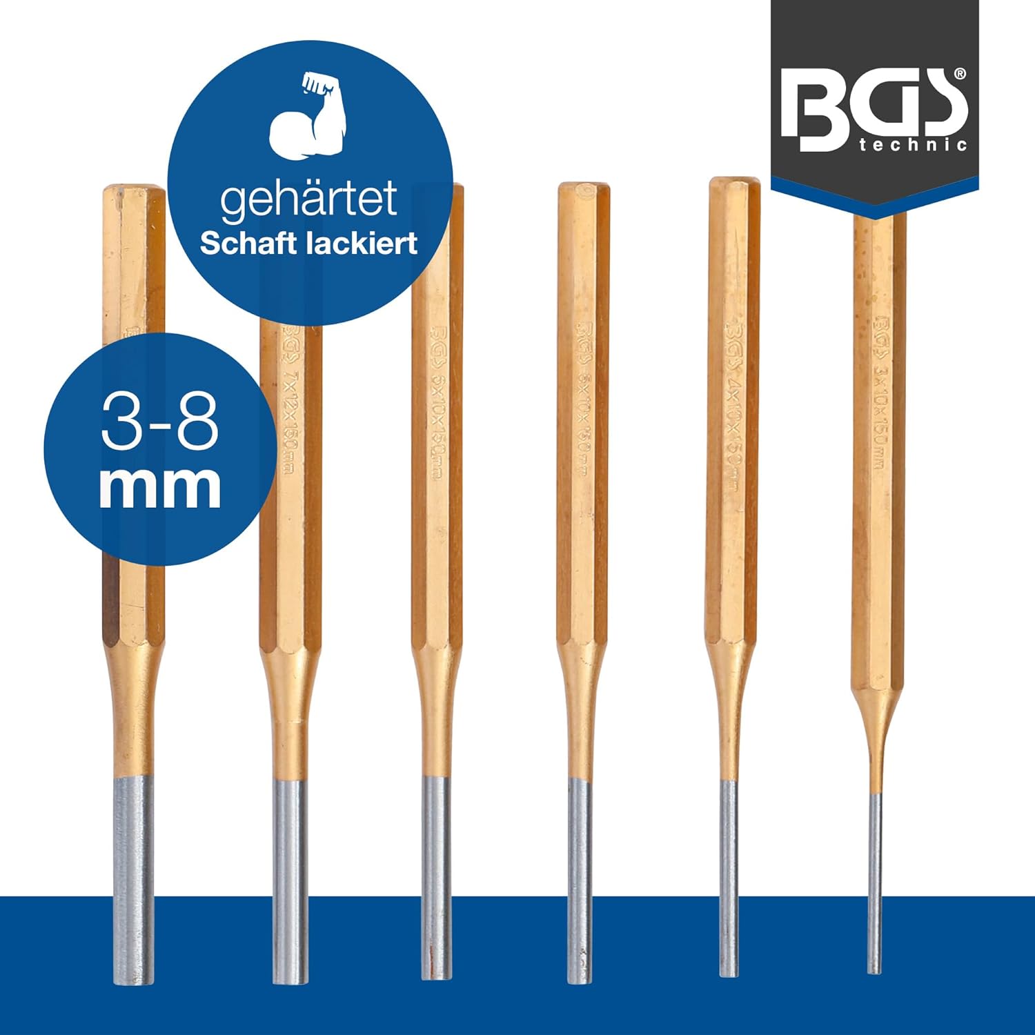 BGS 1651 Pin Punch Set, Gold/Silver/Blue, 3-8 x 150 mm, Set of 6 Pieces