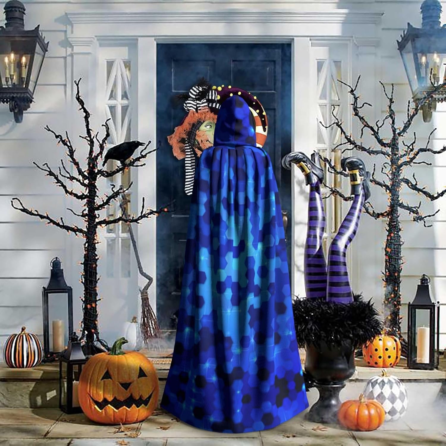 SSIMOO Blue Hexagon Pattern Enchanting Adult Hooded Cape for Halloween and Party Costumes-Fashionable Women's Robes,Capes