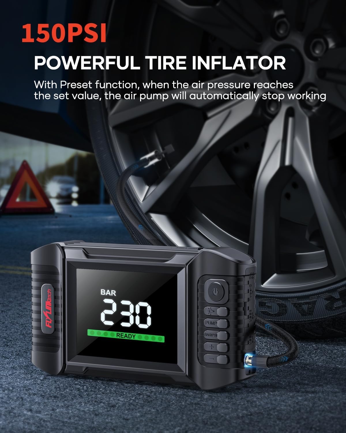 FLYLINKTECH BD20 acting as a tire inflator, connected to a car tire and displaying '2.30 BAR' on its screen.