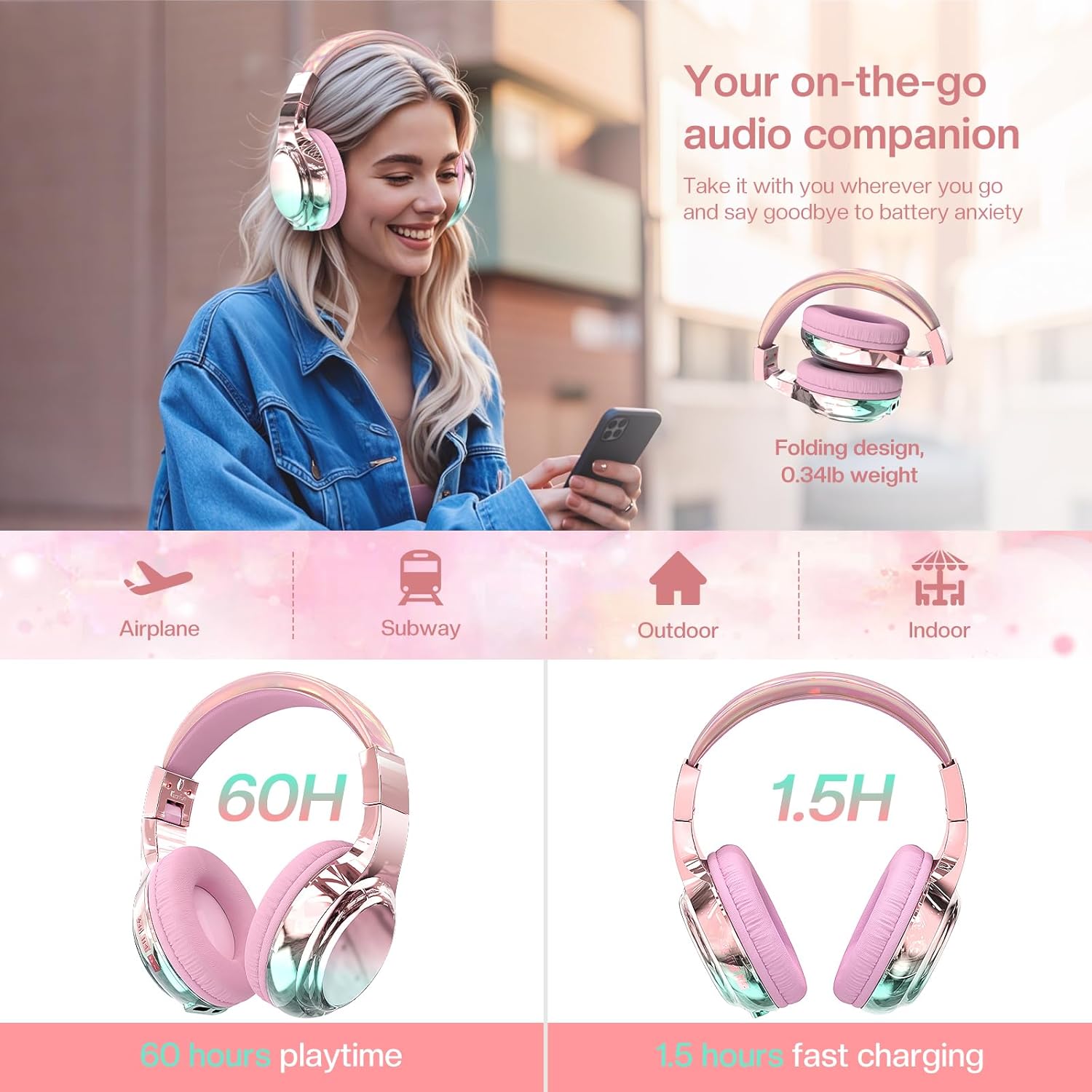 QearFun Kids Bluetooth Headphones, 60H Playtime, 74/85/94dB Safe Volume Limit, Metallic Gradient Wireless Headset with HD Mic, Fast Charging, Foldable, Wired 3.5mm Mode for School/Tablet/Travels - Image 6