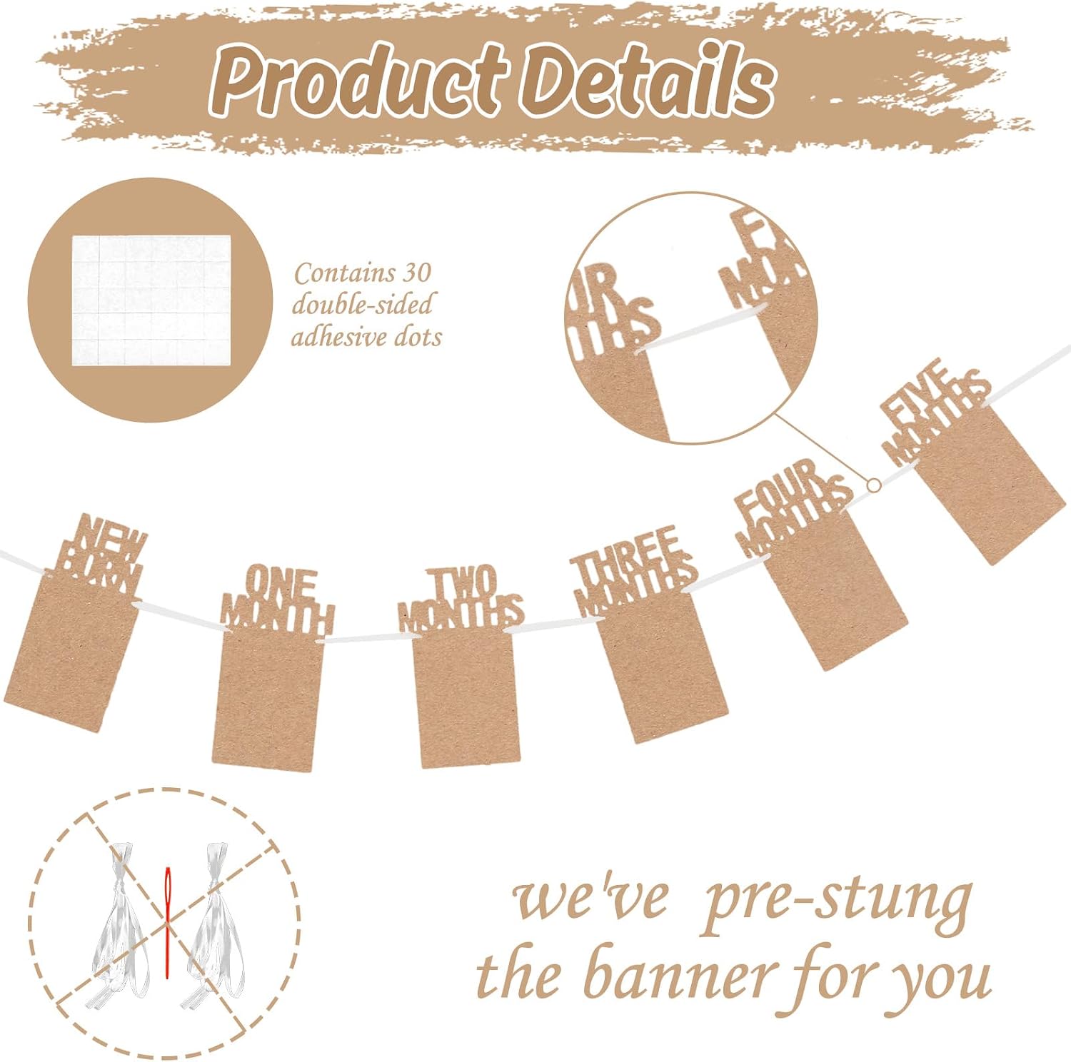 Whaline 1st Birthday Baby Photo Banner for Newborn to 12 Months, Monthly Milestone Photograph Bunting Garland, First Birthday Celebration Decoration (Kraft)
