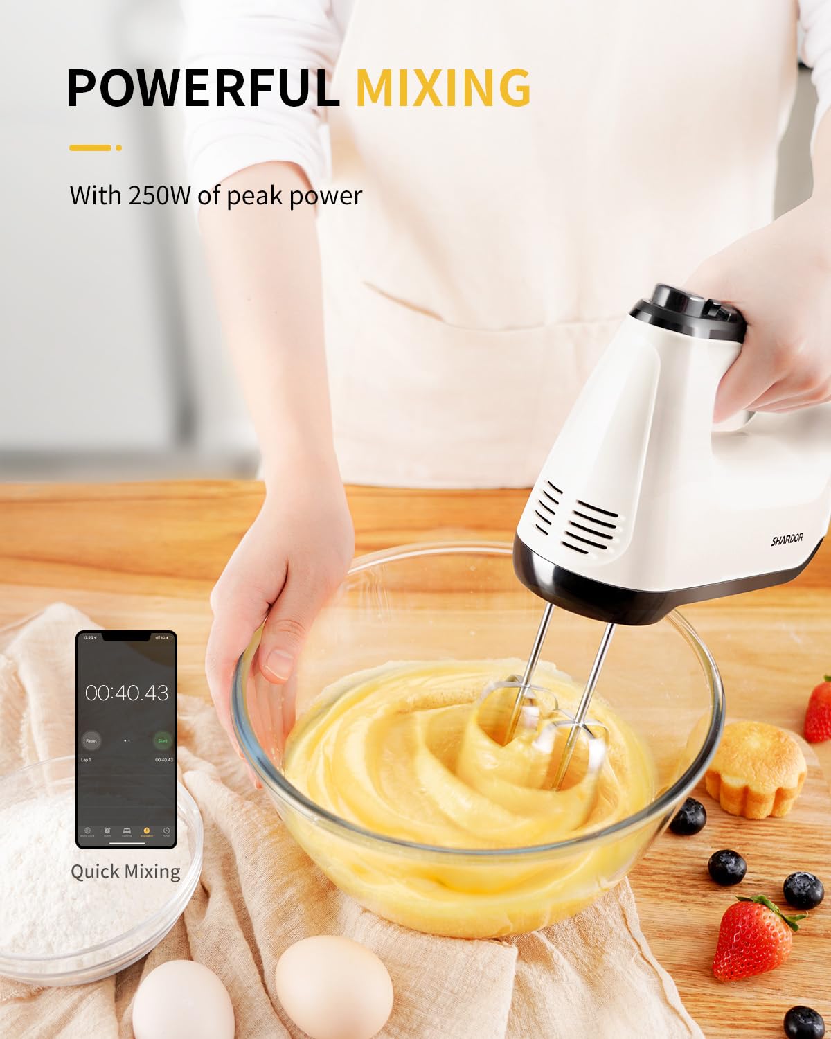 SHARDOR Batteur électrique à main 6 vitesses et turbo avec 5 accessoires en acier inoxydable, mélangeur électrique pour fouetter, mélanger les cookies, brownies, gâteaux, pâtes à pâte, étui de