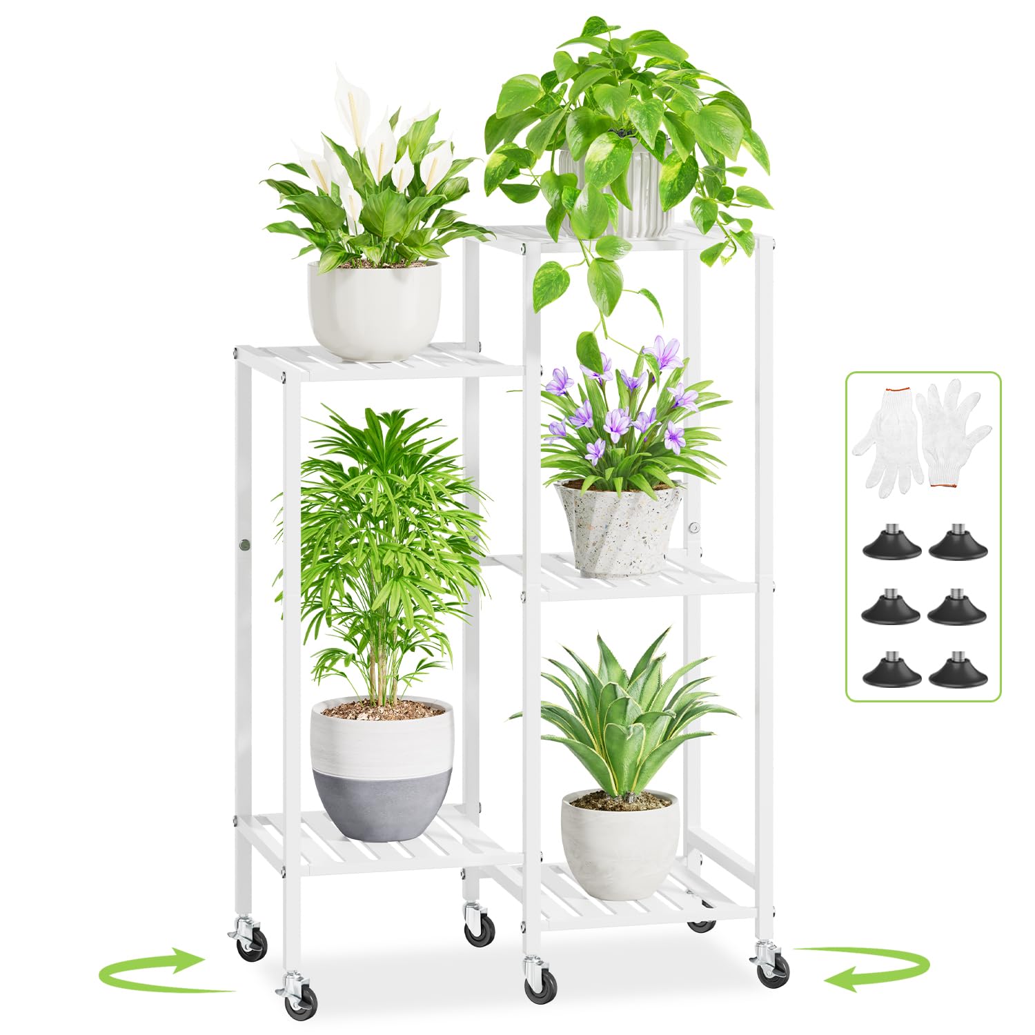 iDavosic.ly 5 Tier Plant Stand Indoor with Wheels, Metal Tiered Corner Flower Holder Shelf Outdoor for Large Pots, Tall Rolling Rack for Patio Porch Garden Balcony Living Room, White