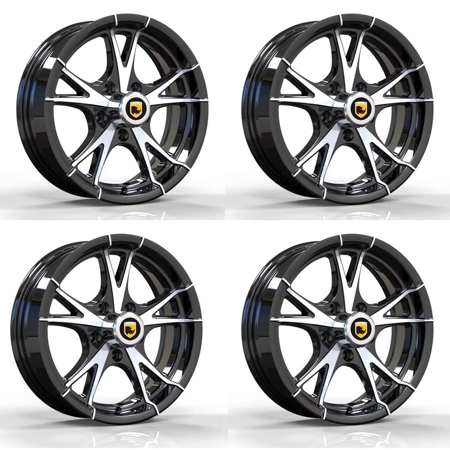 SET 4 15x5, 5x4.5 Premium Aluminum Trailer Wheel, Black Machine Faced 5Lug Trailer Rim