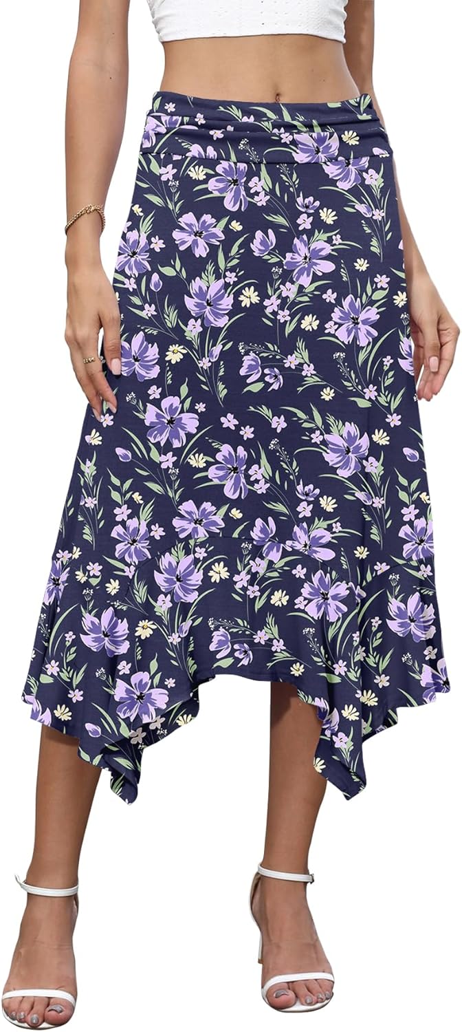 NILOUFO Women's Handkerchief Hemline Midi Skirt Summer Casual Flowy High Waisted Stretchy Skirts (Purple Flo-Blue, Small)