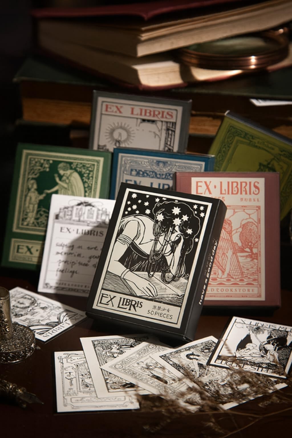 紙もの雑貨 蔵書票カード 50枚セット | EX LIBRIS ブックプレート アンティーク風 ヴィンテージデザイン クラシック 文房具 読書家ギフト 手帳デコ コラージュ スクラップブック SLOWSLOW (アンティークブラック)