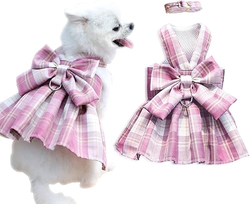 Aimondow Bonito vestido para perro conjunto de correa de arnés a cuadros para perros pequeños gatos vestidos de princesa para perro de primavera y