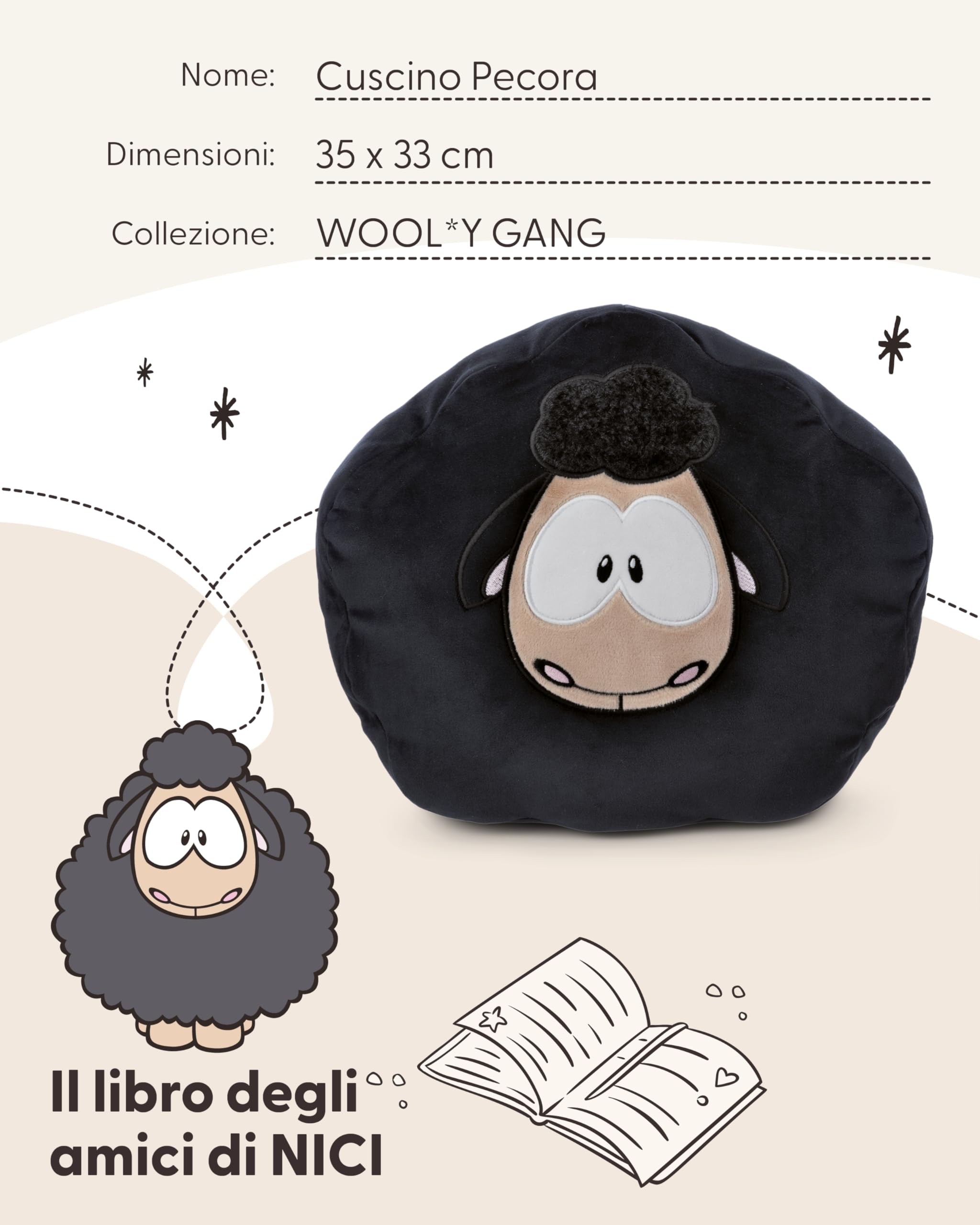NICI cuscino di peluche Pecora 35x33cm nero - Soffice cuscino morbido per bambini, bambine, neonati e amanti dei peluche - Ideale a casa, all'asilo o in viaggio - 49921