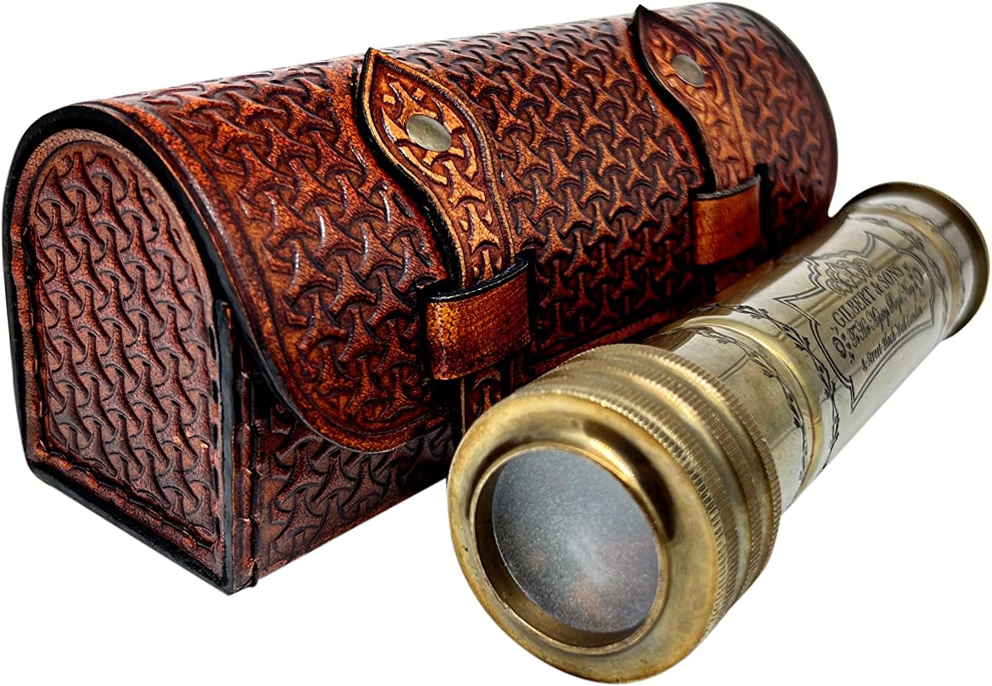 Custom Vintage Replicaz Handmade Brass Kaleidoscope with Round Leather Box & 3D Mirror Lens, Vintage Look - Antique Finish - Kaleidoscope for Kids Friends, Brown