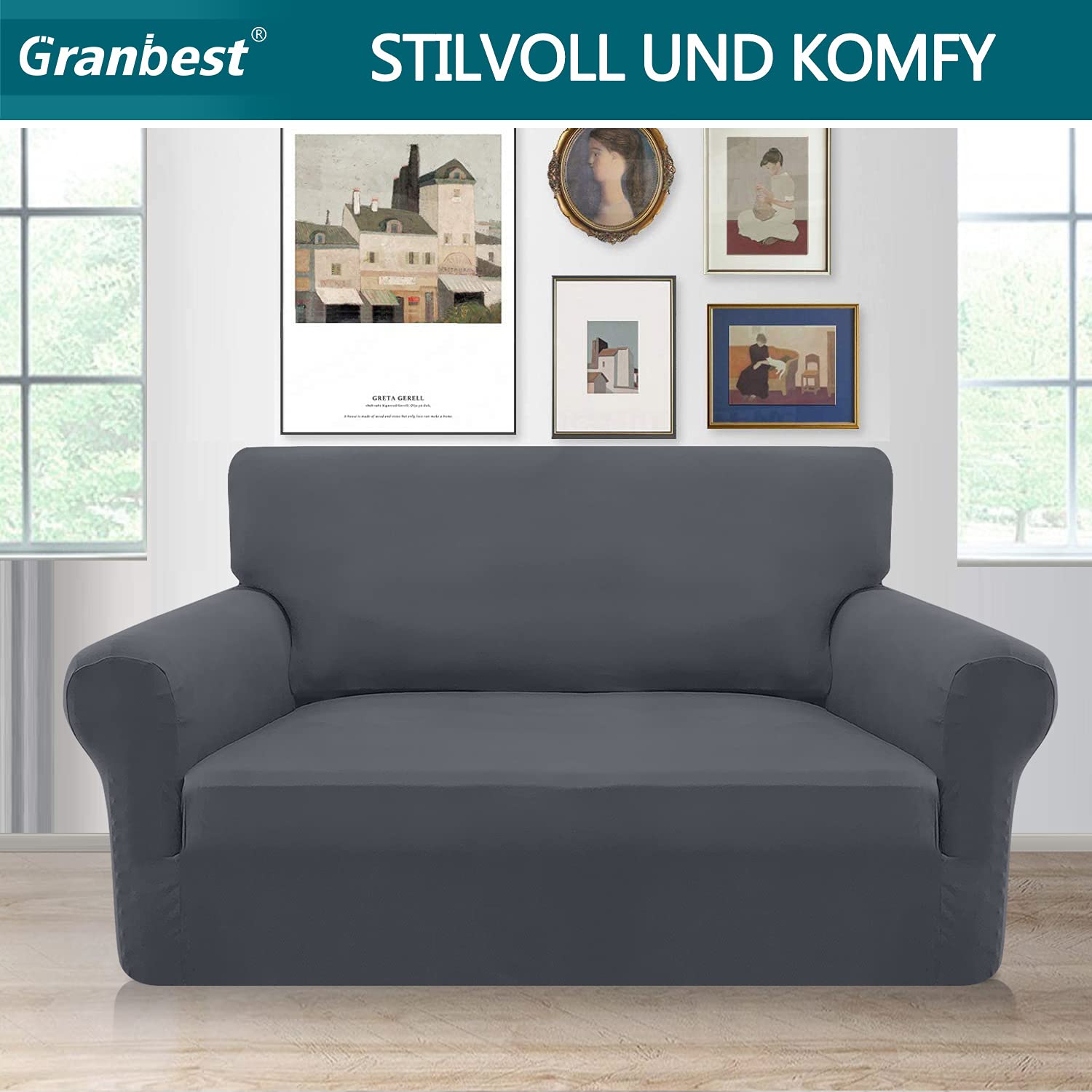 Granbest Copridivano elasticizzato a 2 posti, in morbida microfibra, antiscivolo, in elastan, per cani, animali domestici (2 posti, grigio)
