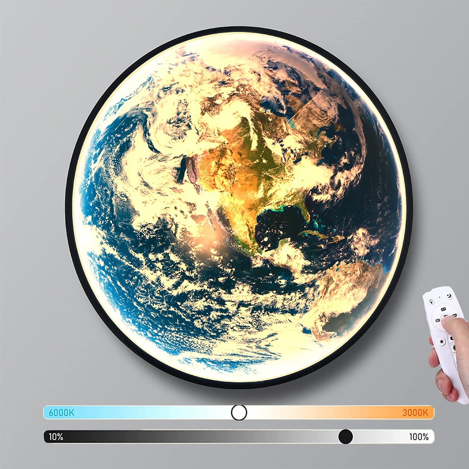 Lámpara de pared moderna LED con control remoto para interiores, lámpara pared redonda regulable 18 W para habitación de niños, lámpara pared de tierra, lámpara noche acrílica para niños y niñas,60cm