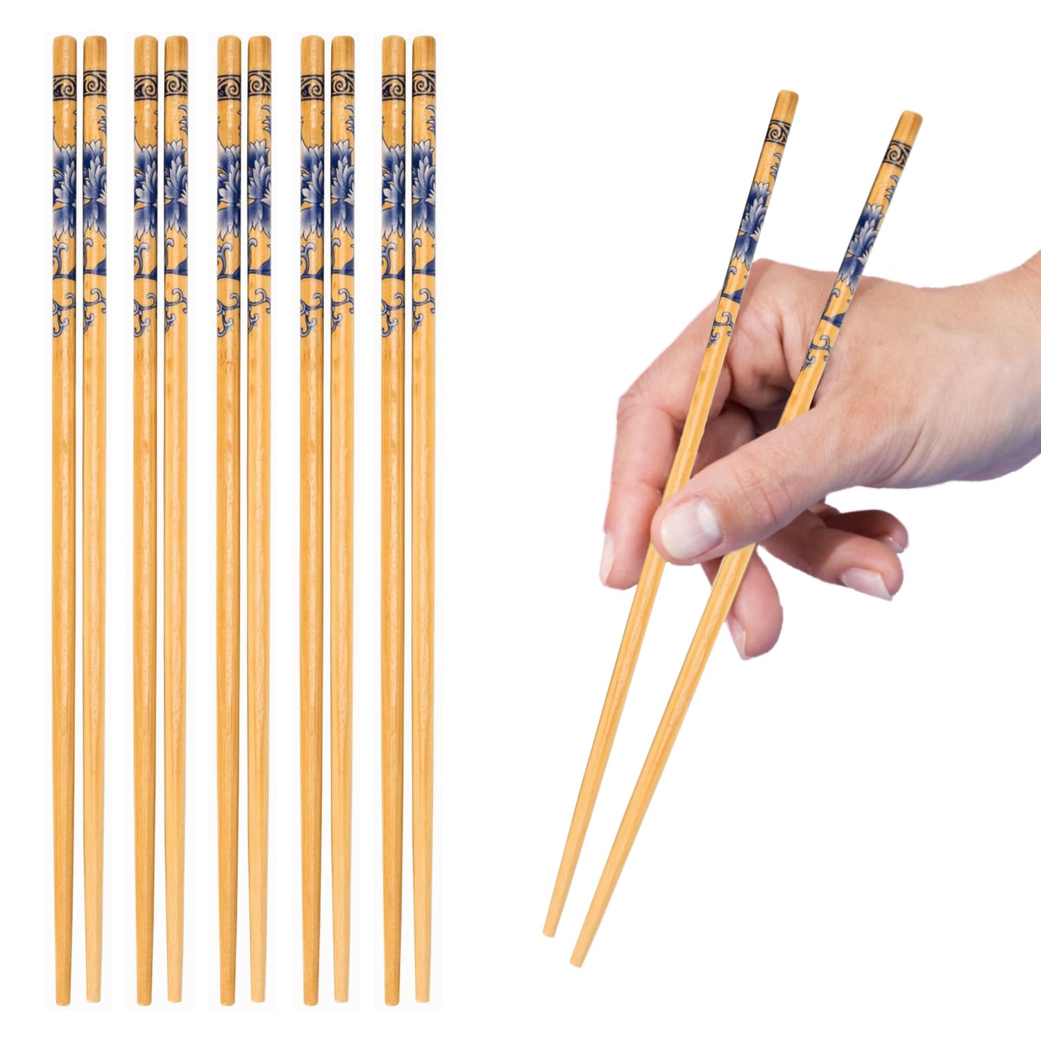 RIANZ Set of 5 Pairs Designer Natural Wooden Round Bamboo Reusable Chopsticks, Size 23 Cm (Design 4)