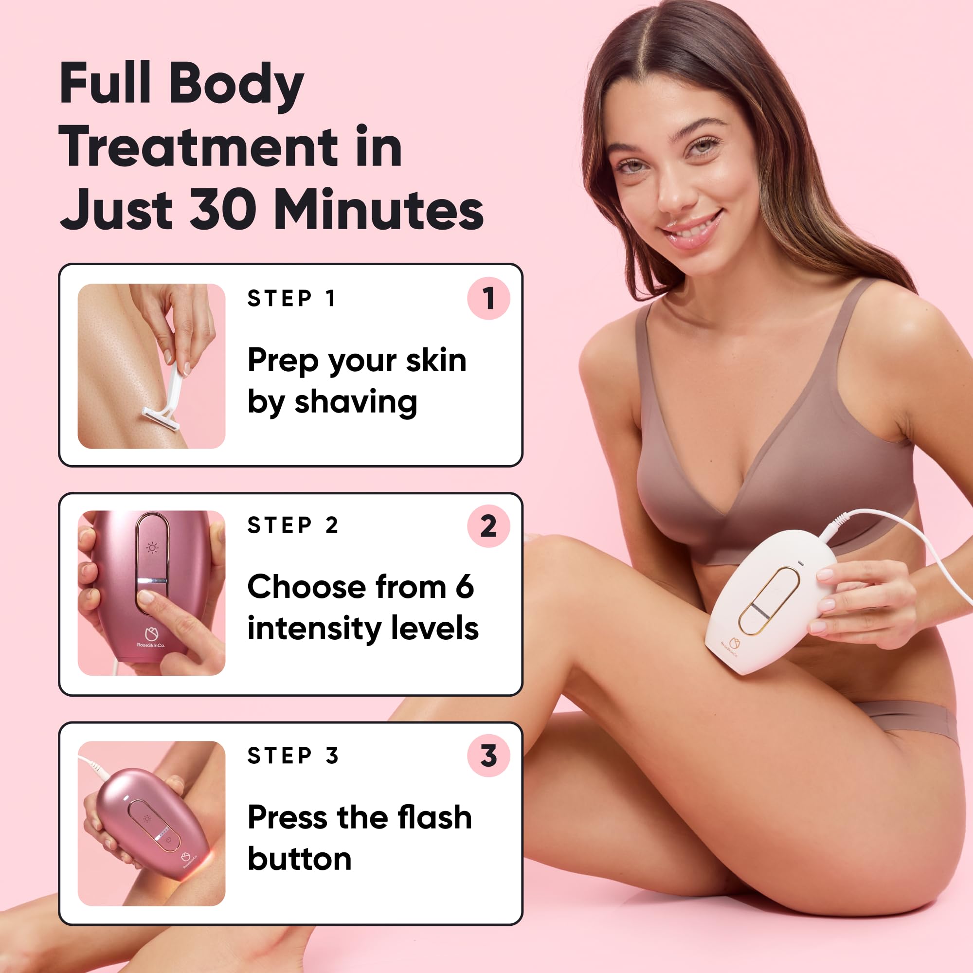 RoseSkinCo Lumi, dispositivo di depilazione laser IPL, a casa con luce pulsata intensa, dispositivo portatile per ridurre i peli a lungo termine su viso, bikini, braccia, ascelle, sicuro e delicato