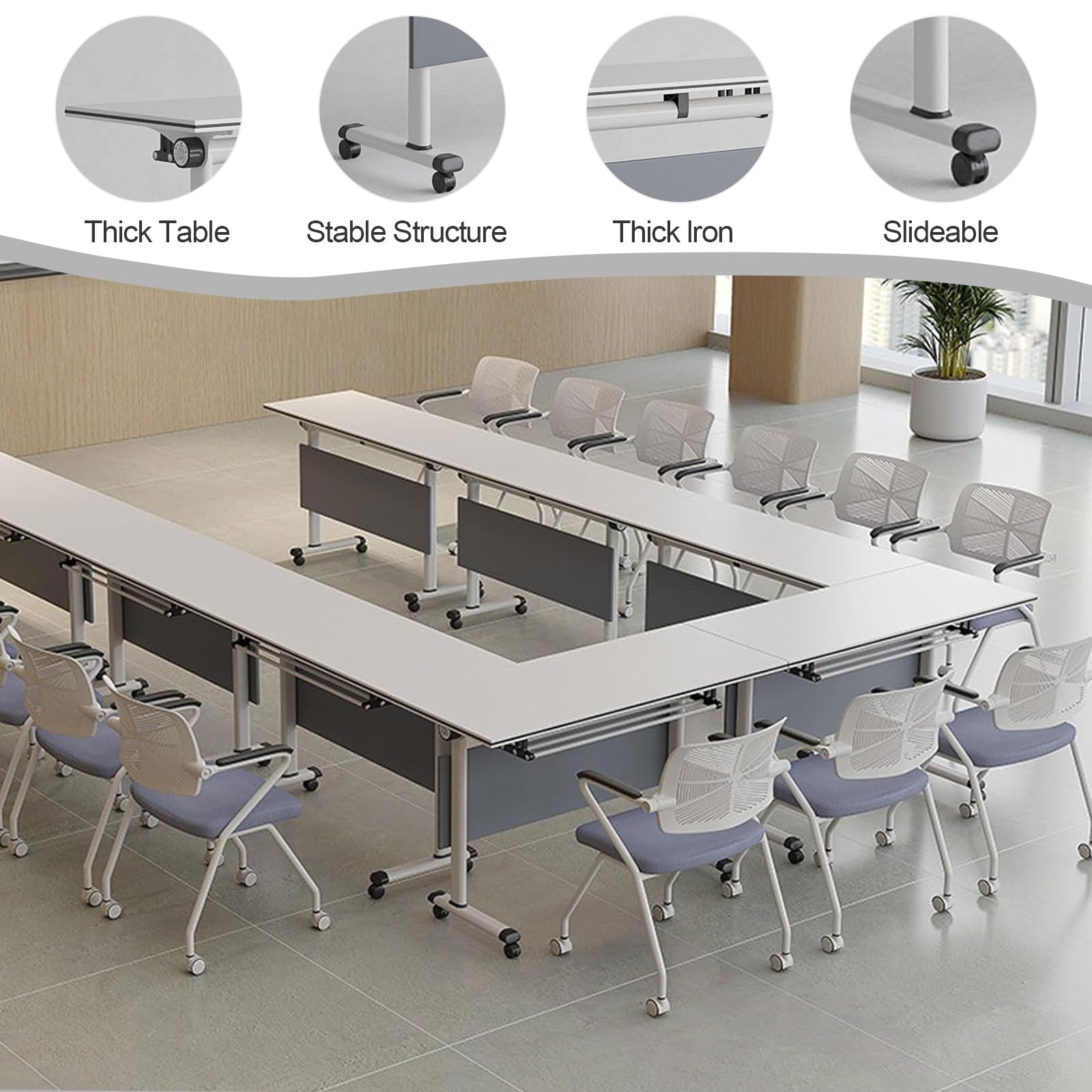 Moderne Konferenztische, Klappbare Tische, Weiße Mobile Schulungs-, Seminar- und Besprechungstische, Große Tische für Büro, Besprechungsraum, Klassenzimmer, 4 Stück, 120 cm