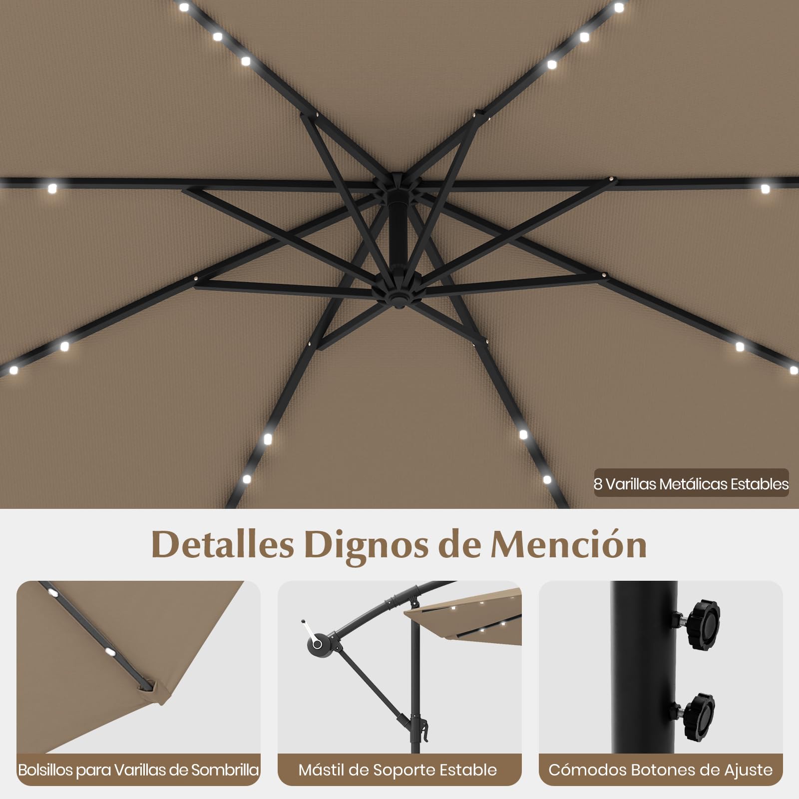 GOPLUS Sombrilla Jardín Ø 3m con 40 Luces LED Solares
