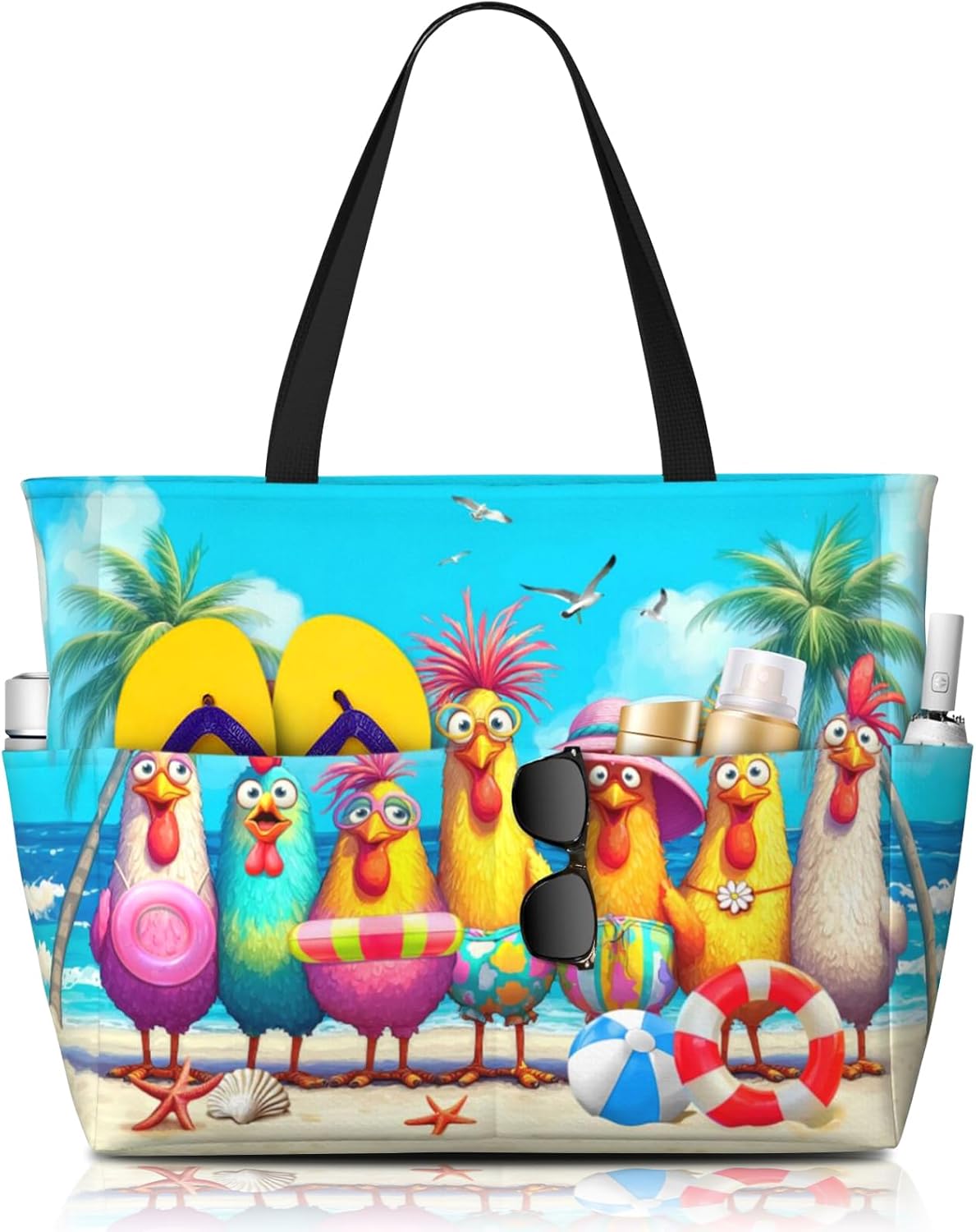 Waterproof Chicken Beach Totes Bags with Zipper Extra Large Beach Bag for Women Pool Bags with Wet Compartment
