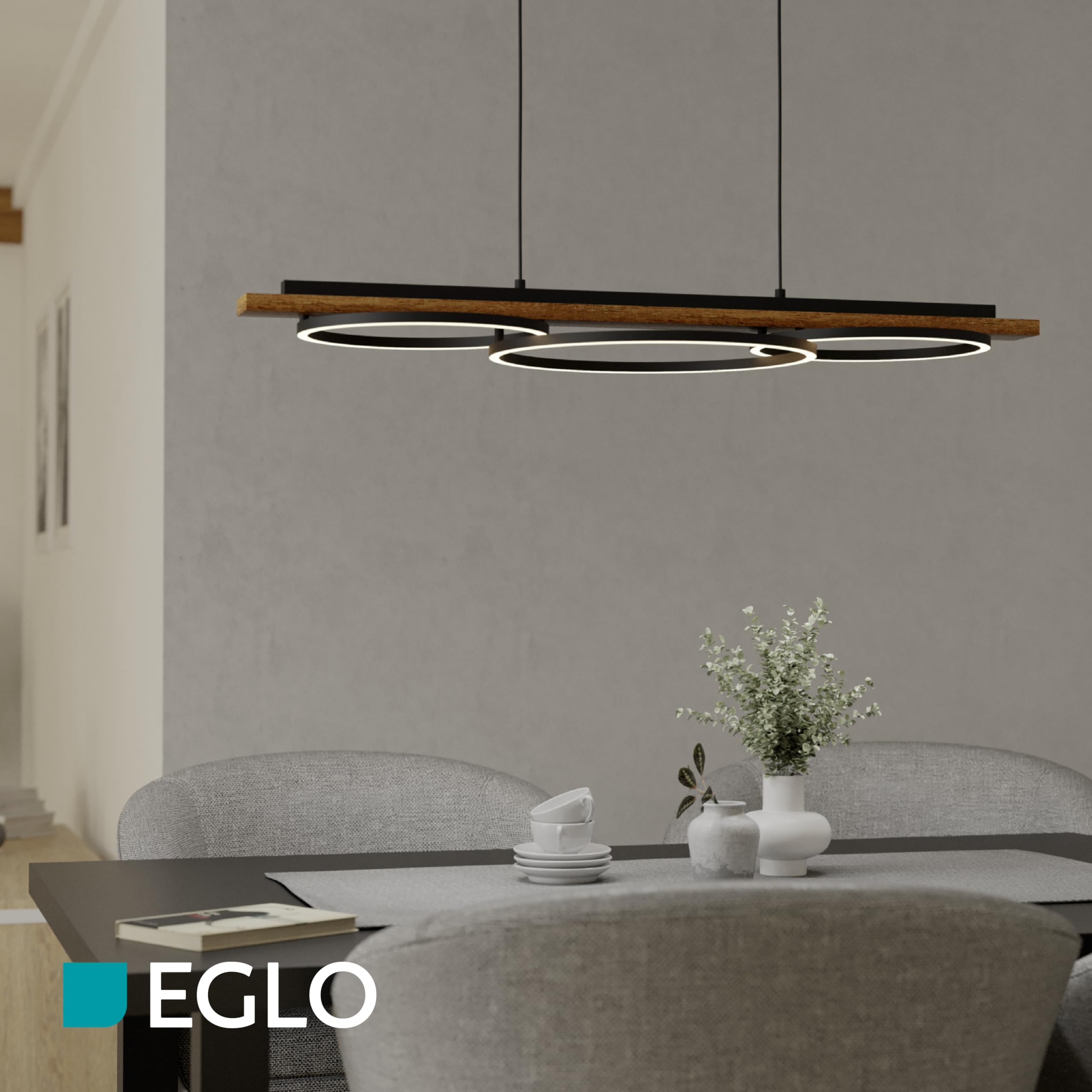 EGLO LED Pendelleuchte Boyal, 3-flammige Hängelampe | Hängeleuchte aus Metall, geflammtem Holz, Kunststoff, Esstischlampe in Schwarz, Braun, Weiß, Wohnzimmerlampe hängend