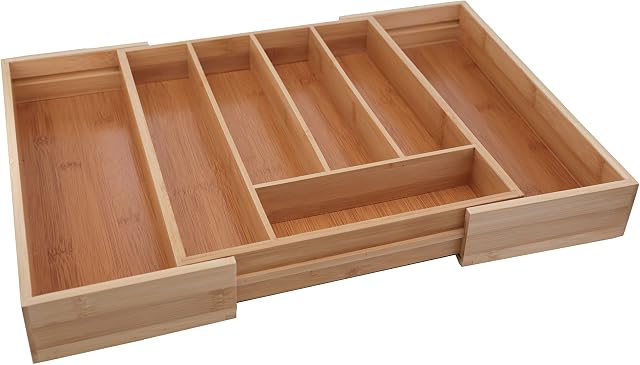 simpdecor Bamboo Expandable Cutlery Tray Utensil Drawer Organiser Adjustable Kitchen Drawer Divider 5-7 Compartments Expandable