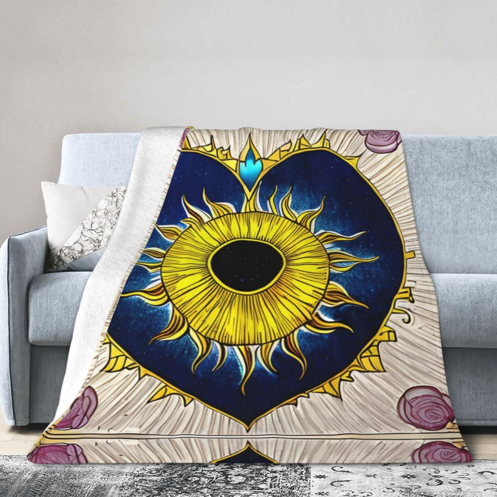 Cartoon Heart Sun 60"x50" Fleece Blanket, Full Size, Super Soft, Suitable for Bed, Sofa, Camping, All Seasons