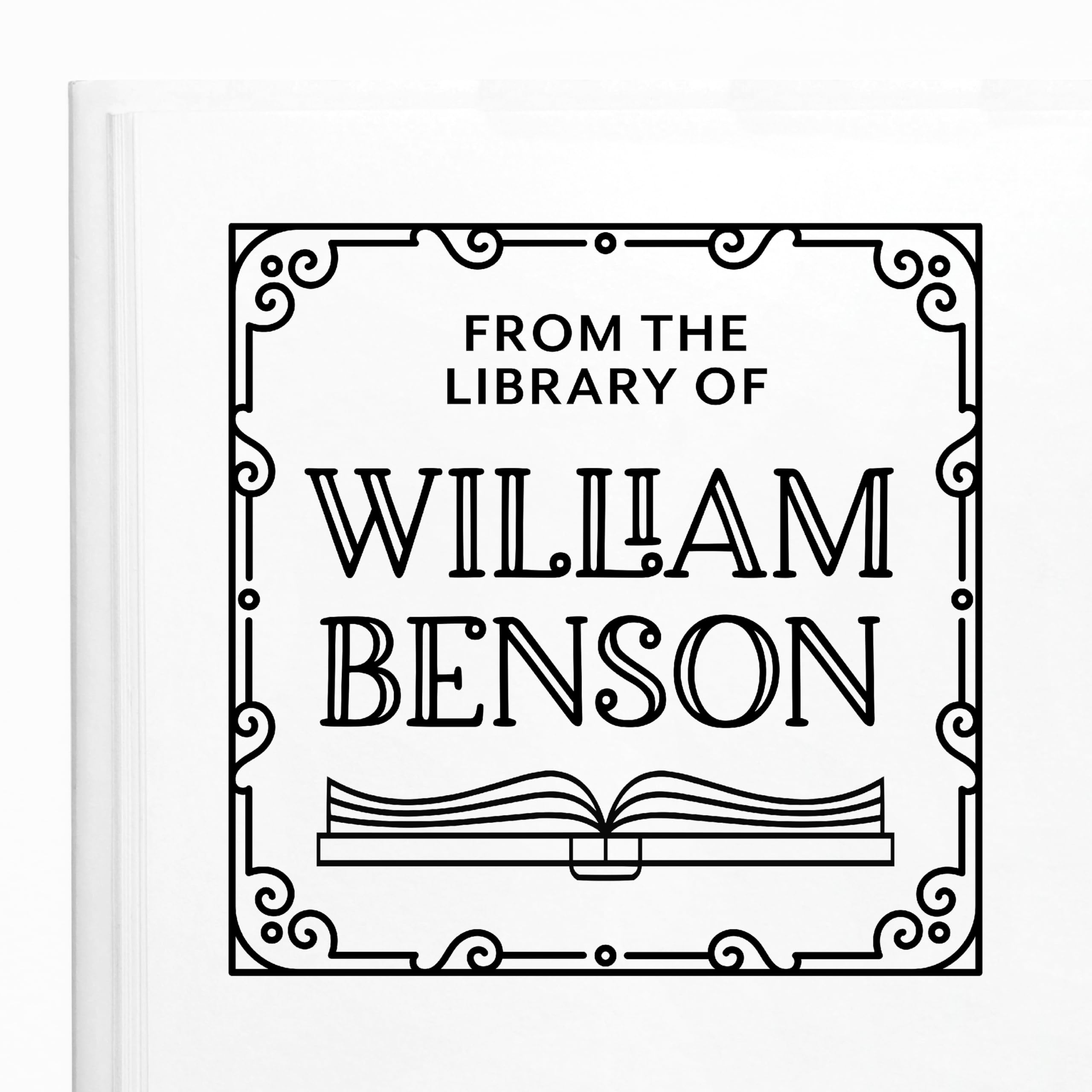 ExcelMark Personalized Book Stamp - from The Library of - Ex Libris - Wood Stamp, Self-Inking Stamp, or Embosser (Deco Border, Square)